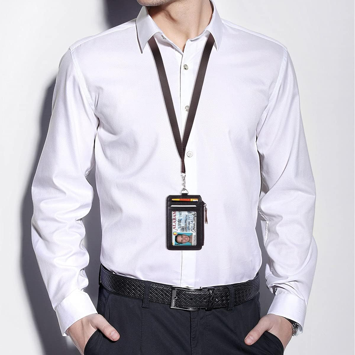 Badge Holder with Zipper Genuine Leather RFID Keychain Wallet Neck Lanyards with Swivel Hook for Card/Coin/Cash, Coffee