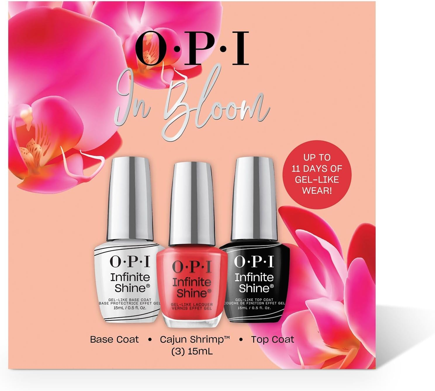 OPI Infinite Shine Long Wear Nail Polish, up to 11 Days of Wear & Gel-Like Shine, Trio Gift Set - Base Coat, Cajun Shrimp, Top Coat image number 4
