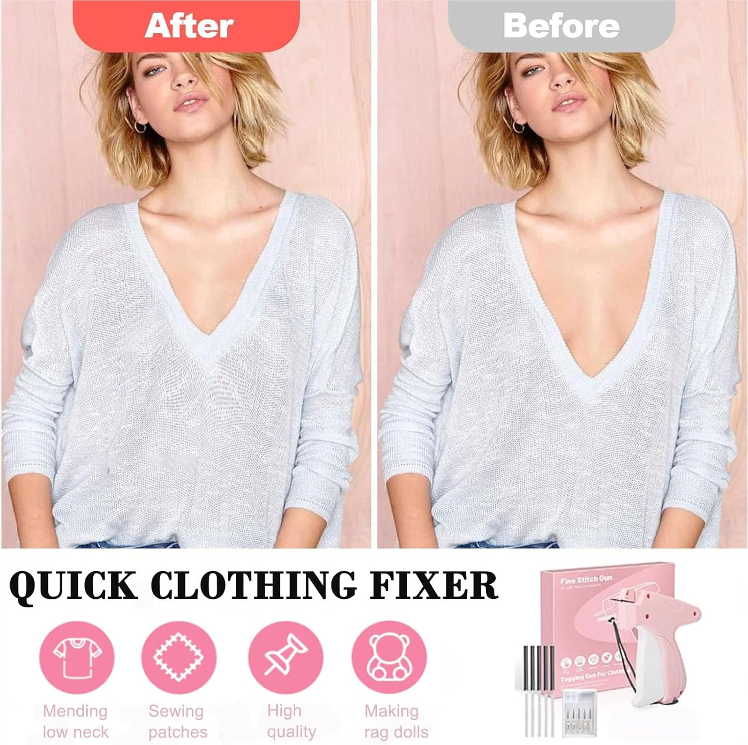 Wakouter Stitch Gun for Clothes, 5 Needle Handheld Stitch Gun Quick Clothing Fixer, Mini Sewing Kit, Micro Tagging Gun, 1000 Black Fasteners & 1000 White Fasteners, for Sewing, Hemming, Quilting (Pink) - 01 image number 6