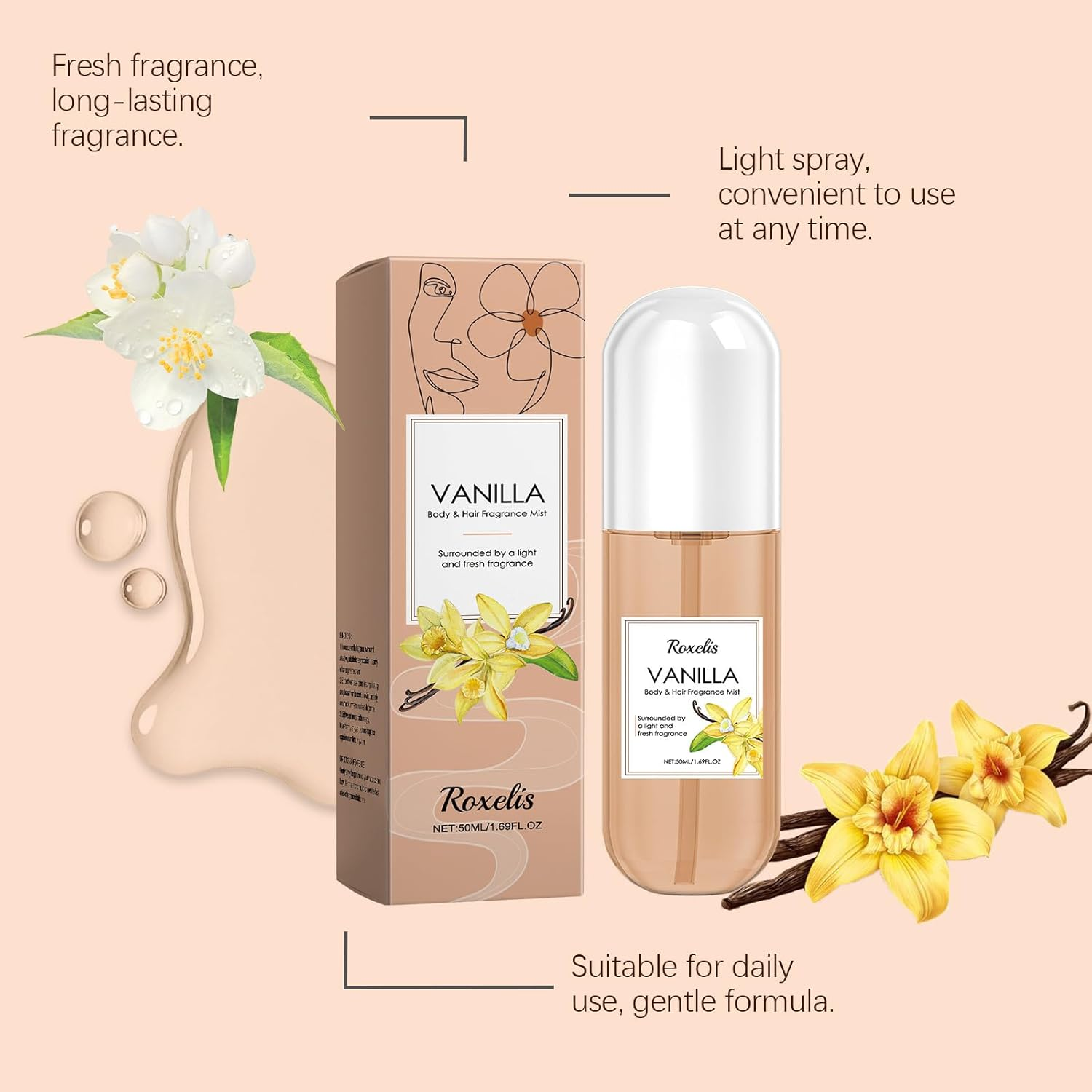 Vanilla Perfume Body & Hair Fragrance Mist, 50Ml Vanilla Body Spray for Women, Long Lasting Light Fresh Scent, Travel Size Hair Perfume Mist, Daily Refreshing Body Mist - 4Pcs image number 2
