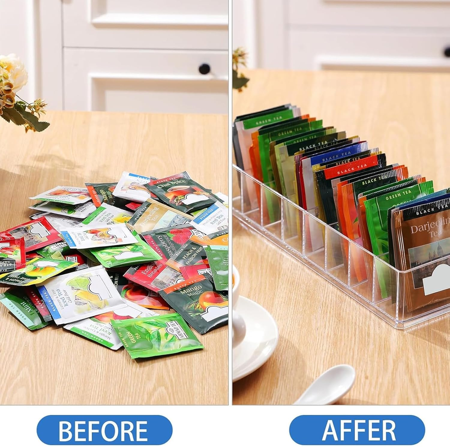 2 Pack Tea Bag Organizer, Clear Tea Bag Holder Tea Packet Storage Multi-Use Organizer for Tea Bags Spices Coffee Pods & Herbs for Drawer Pantry Kitchen Cabinet Countertop