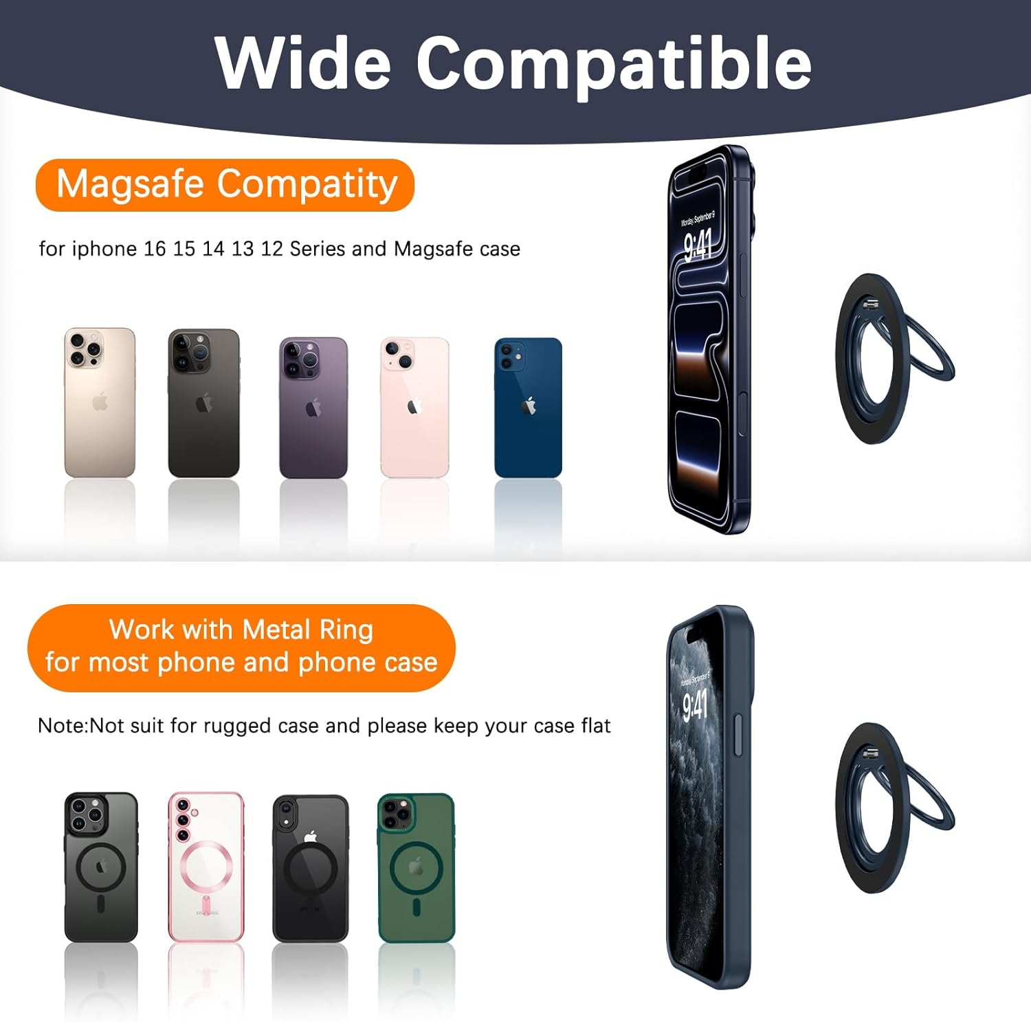 YINLAI Magnetic Phone Grip for Magsafe, [360&deg; Adjustable] [Ultra-Light 18G] [With Soft-Touch Matte Finish] Magnetic Finger Grip, Phone Ring Holder Ring Stand for Iphone 17/16/15/14/13/12 Series, Blue - Orange image number 5