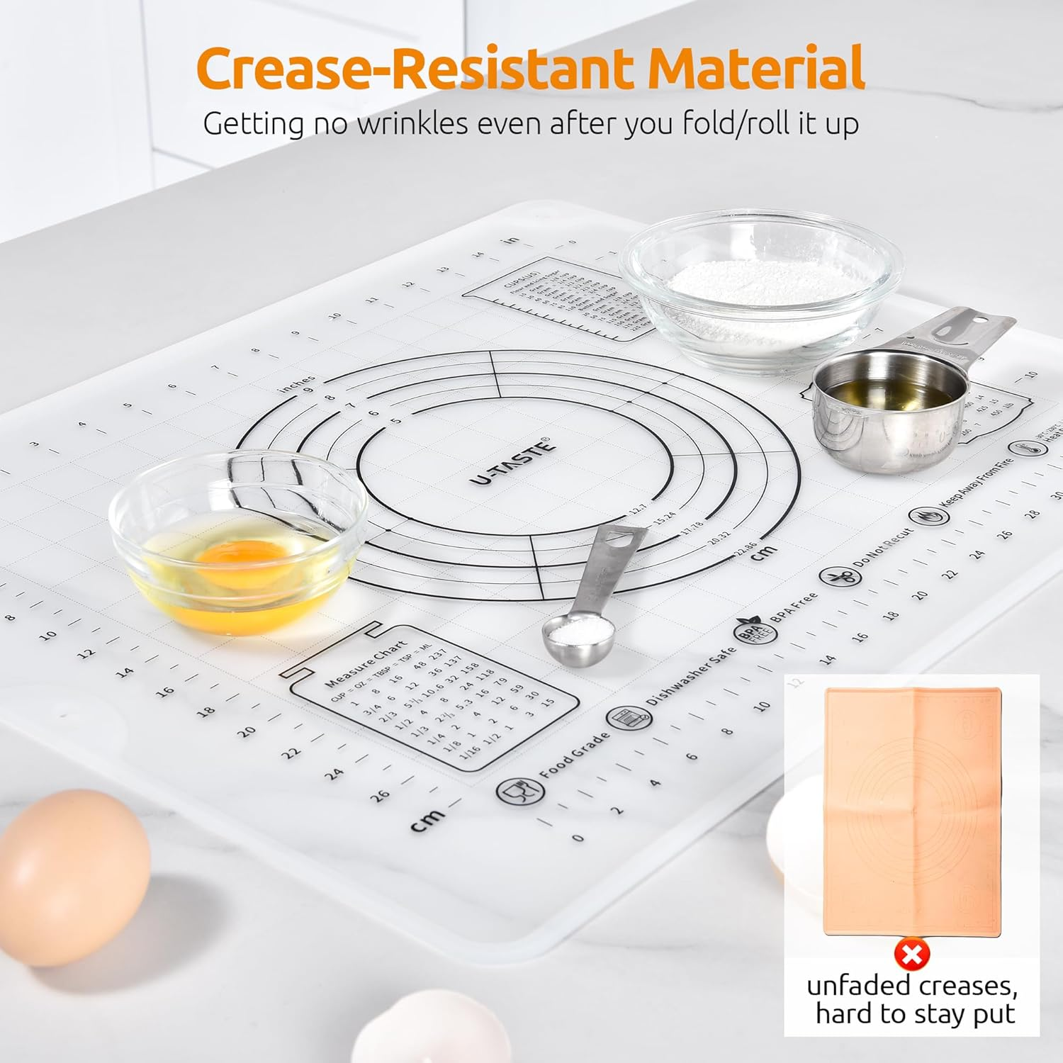 U-Taste Small Silicone Kneading Mat: 50X40Cm Food-Grade Non-Stick Dough Rolling Baking Mat, Non-Slip for Making Pastry Pizza, Fondant, Pie Crust with Clear Measurement and Raised Edges (Transparent) image number 4