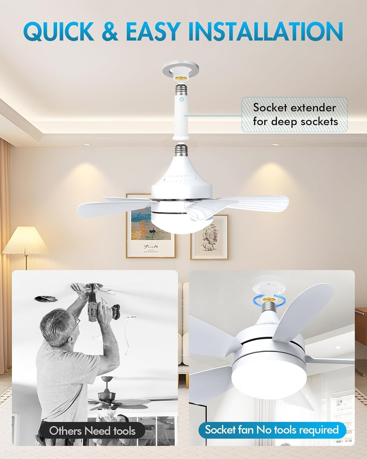 Yaberry Grove Socket Fan Light -18" Ceiling Fan with Light and Remote, E26/E27/B22 Plug in Fan Light Bulb for Bedroom, Kitchen, Living Room, Workshop-3 Color Temperatures, 3 Fan Speeds,2000 Lumens,50W
