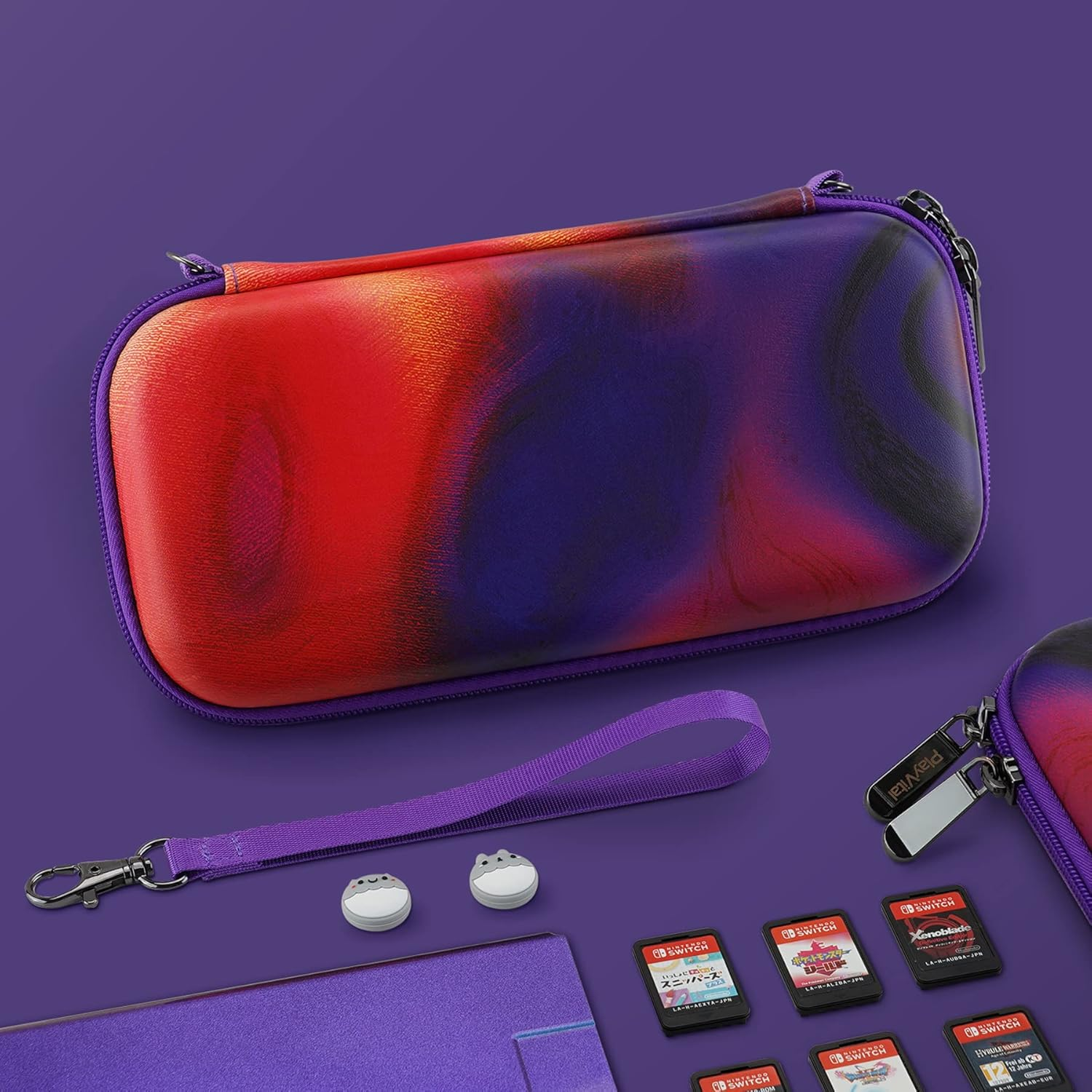 Playvital Carrying Case for Nintendo Switch Lite, Portable Pouch Storage Handbag Travel Bag Protective Hard Case for Switch Console W/Thumb Grip Caps & 10 Game Card Slots - Purple Red Swirl