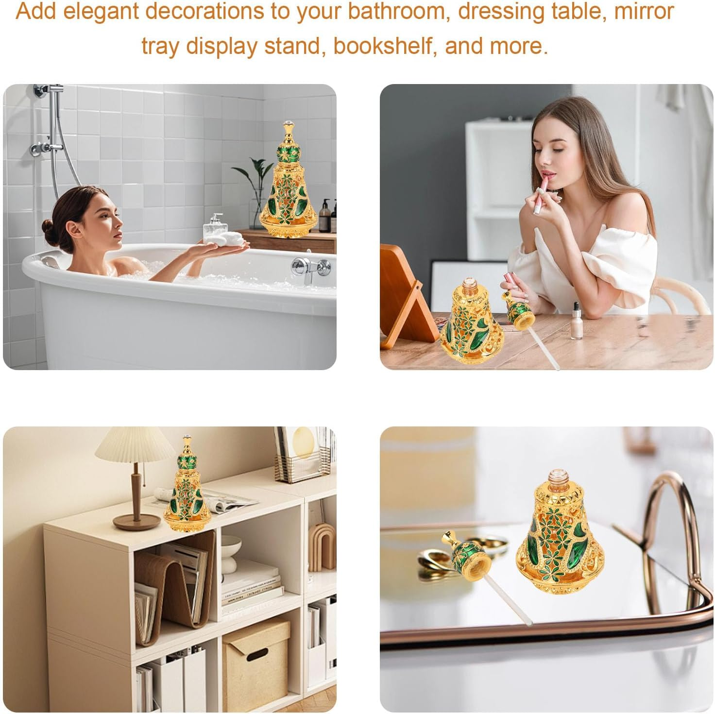 Haofy Pattern Vintage Refillable Perfume Bottle Middle Eastern Style Oil Bottle, Zinc Alloy Material Suitable for Essential Oils, Fragrances, Liquid Cosmetics Vintage Perfume Bottle (Gold+Green) image number 3