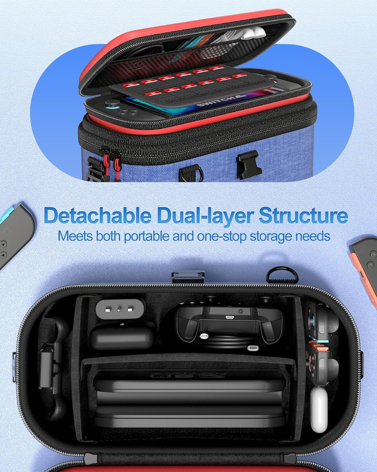 Procase 2-In-1 Carrying Case for Nintendo Switch 2 2025, Portable Hard Travel Bag with Detachable Layers, All in One Storage Box for Switch 2 Dock Console Controller Adapter and Accessories -Red&Blue - Black image number 6
