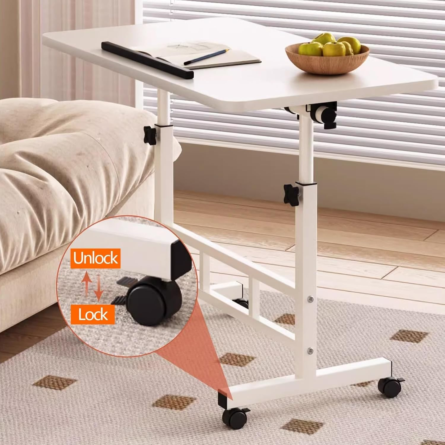 Hbluefat Mobile Small Rolling Computer Desk, 31.5" Folding Adjustable Height Laptop Cart Table with Wheels, Portable Flip Office Work Desk for Home Office, Small Space (Walnut) image number 2