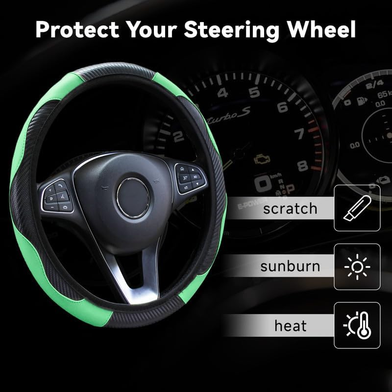 Car Steering Wheel Cover, Universal Size Steering Wheel Cover Fits 37-38 Cm/14.5-15 Inch, Non-Slip Carbon Fiber Microfibre, Breathable Car Accessories Steering Wheel Cover, Green - Blue image number 3