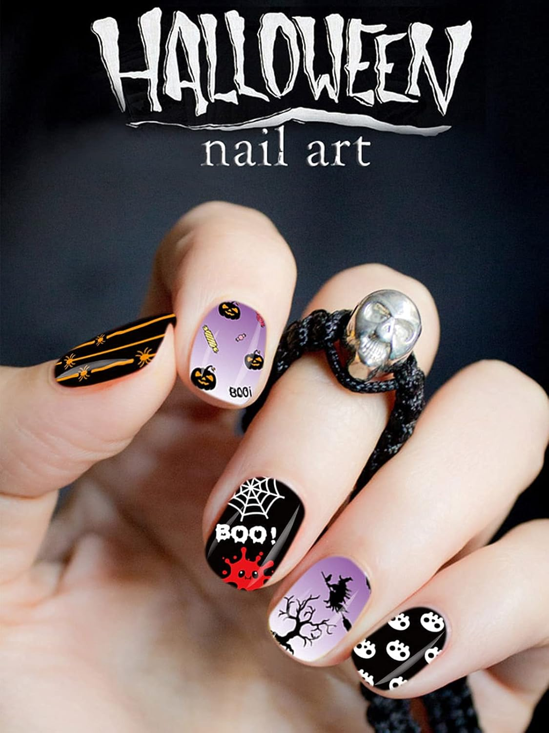 Luminous Halloween Nail Wraps Decal with Nail File, EBANKU Self-Adhesive Nail Art Sticker for Halloween Skull Pumpkin Spider Full Wraps Strips for Women Girls Party Nail Decorations image number 3
