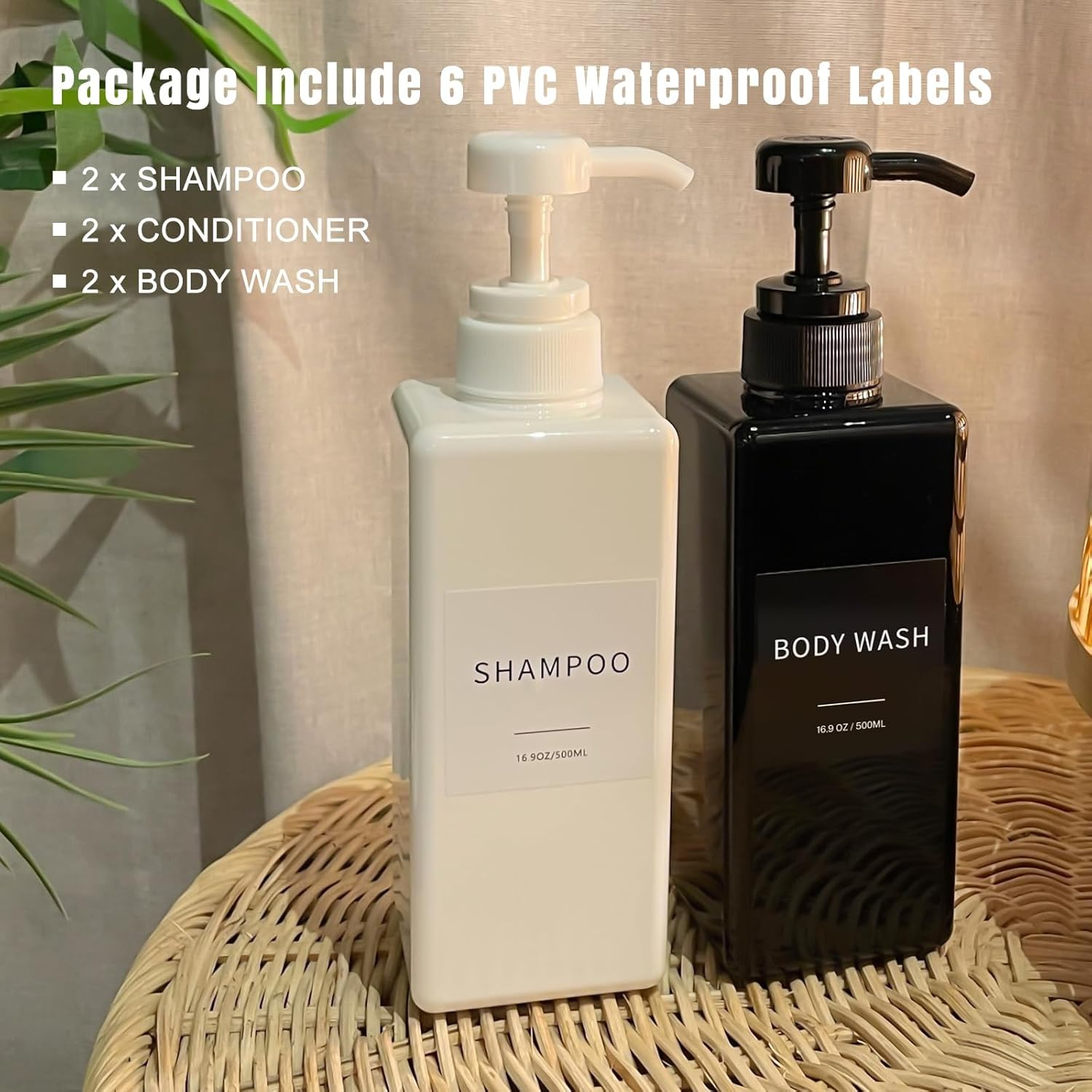 Shampoo and Conditioner Dispenser, Refillable Plastic Shampoo Pump Bottles with Waterproof Labels, Empty Body Wash Dispenser Set for Bathroom, Shower Soap Bottles (Black, Set of 3, 16.9Oz) image number 2