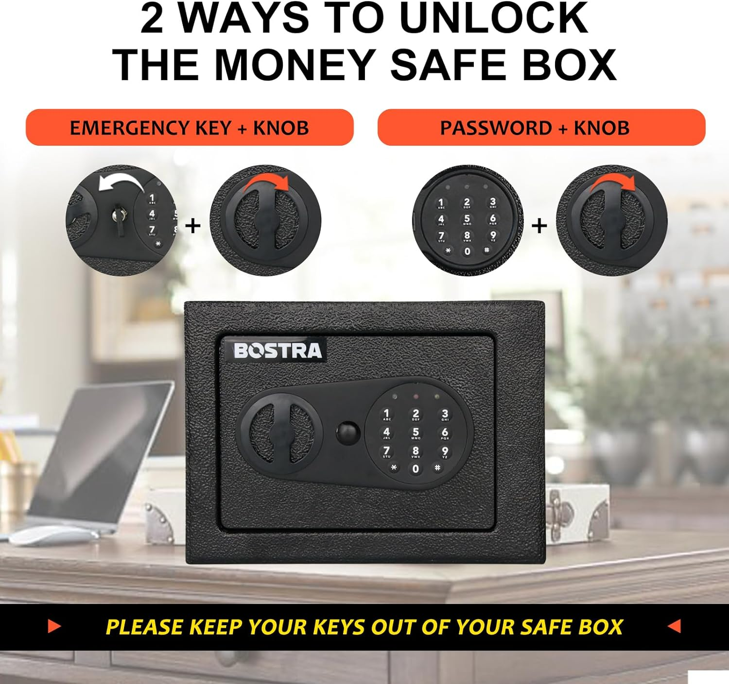 Bostra Fireproof Safe Box with Sensor Light & Fireproof Bag, Money Safe Box with Digital Keypad,Security Safe Box for Home, 0.23 Cubic Small Safe with Keys & Pass Code for Cash Jewelry Black