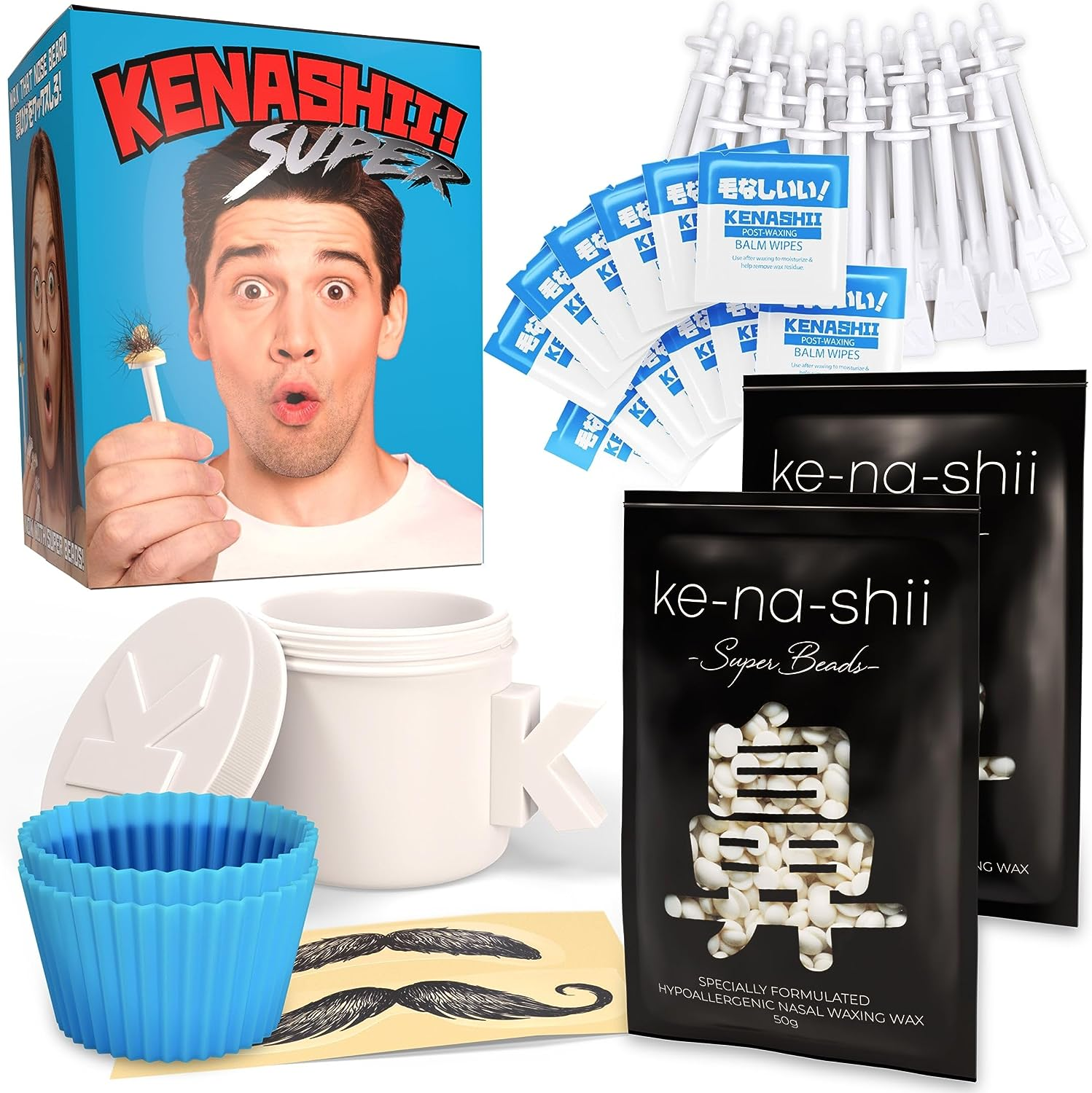 Kenashii Super Nose Wax Kit | 100 G Wax, 24 Applicators | No Microwave Required | New Nose and Ear Hair Removal Kit | Nasal Waxing for Men and Women | 12 X Balm Wipes and Mustache Guards | Storage Bag image number 5