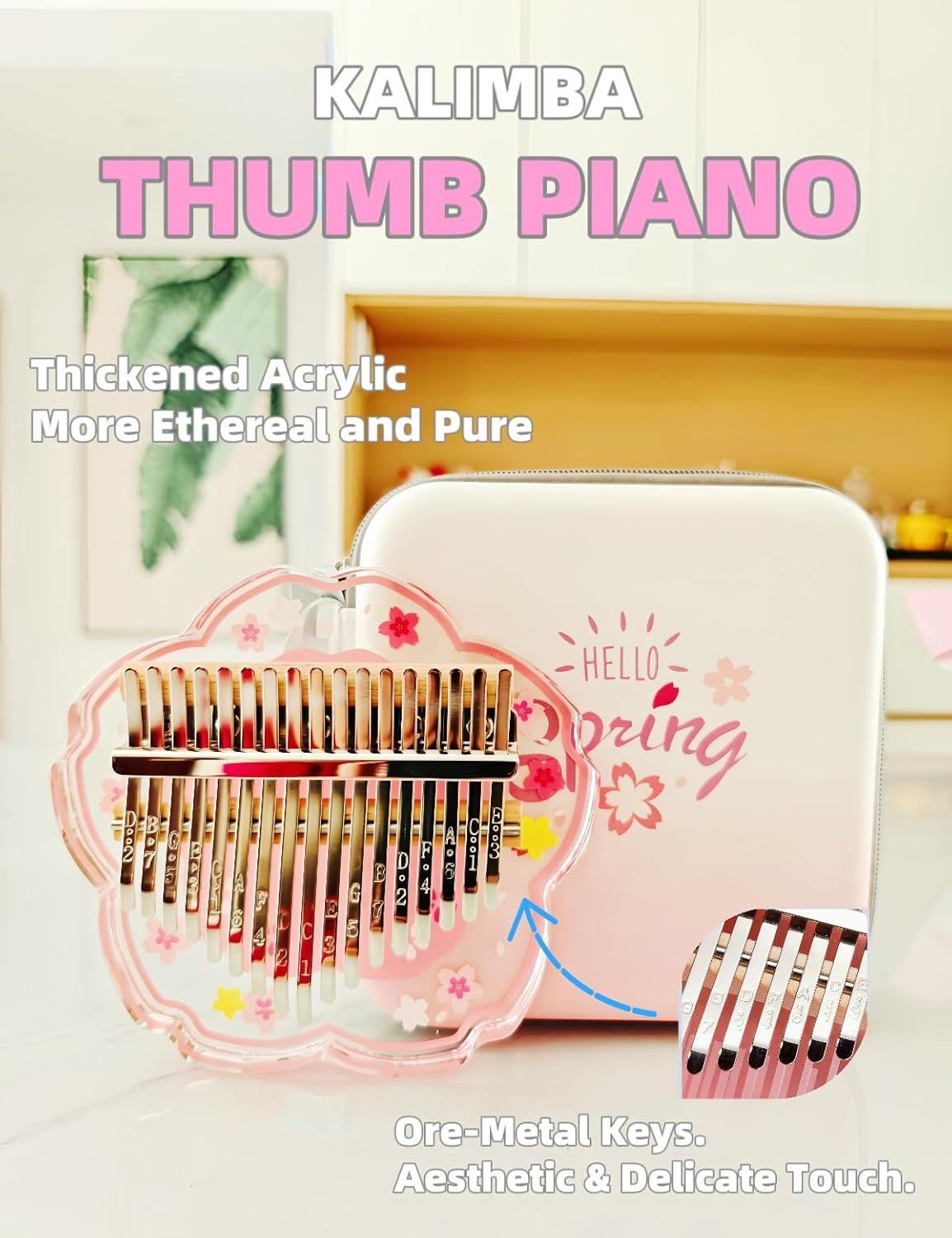 Kalimba Thumb Piano Portable 17 Keys Finger Piano Acrylic with Tune Hammer and Study Instruction,Musical Instruments Birthday Kid Adult Beginners Professional(Cherry Pink)