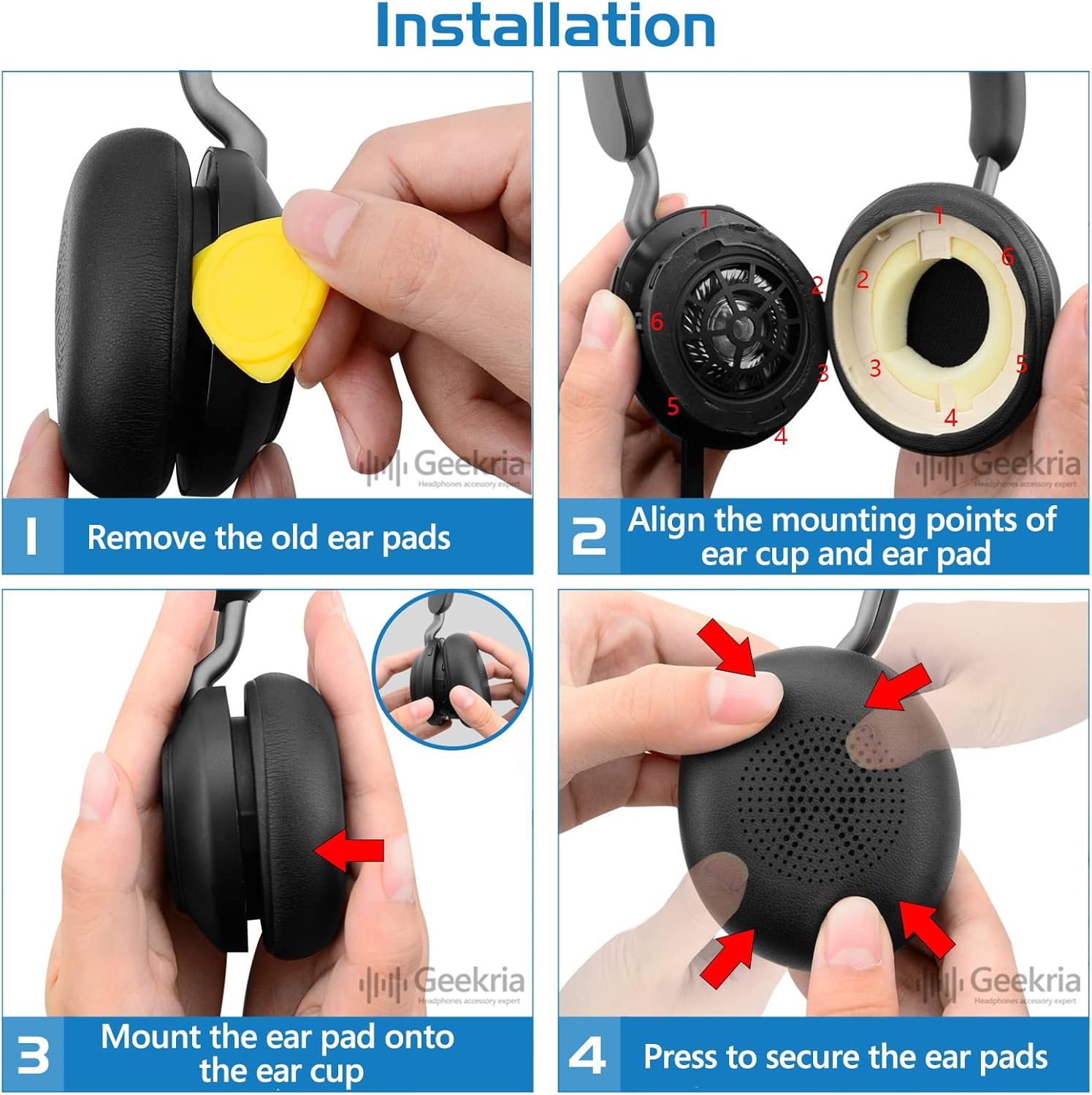 Geekria Replacement Ear Pads Compatible with Jabra Evolve2 65 (65MS 65UC USB)/ Evolve2 40 (40UC 40MS USB)/ Elite 45H On-Ear Wireless Headphones Ear Cushions, Repair Parts (Black) image number 2