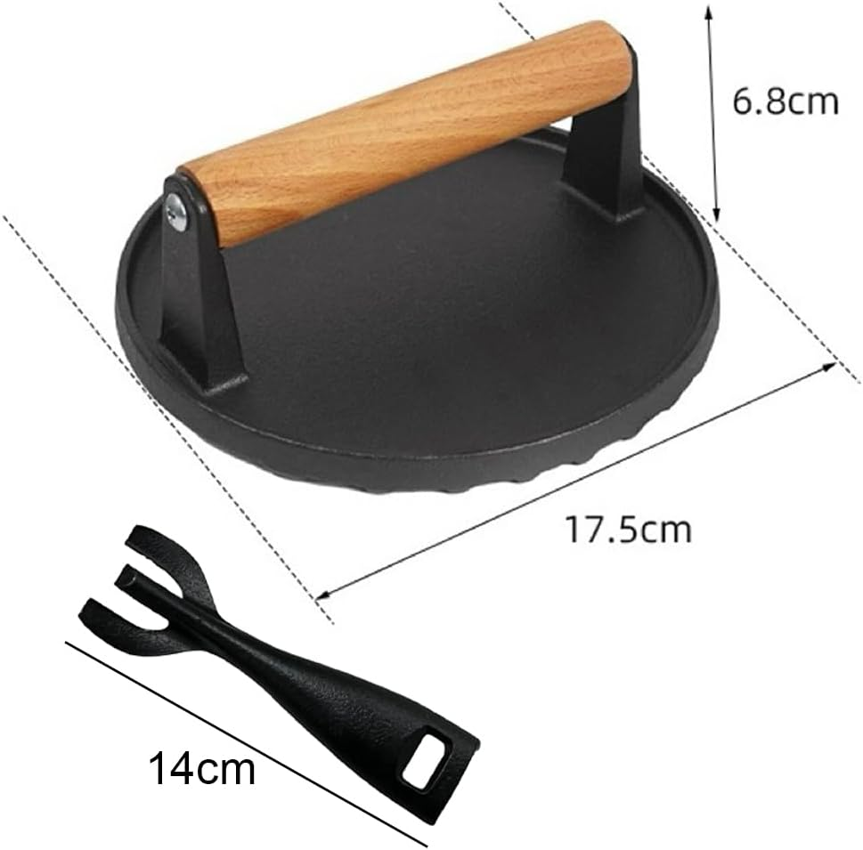 6.9 Inch Smashed Burger Press, 1.1KG Cast Iron Grill Press with Pan Clamp, Burger Smasher Griddle Heat Resistant Wooden Handle, Meat Press Griddle Press for Flat Top Grill Cooking Bacon Steak