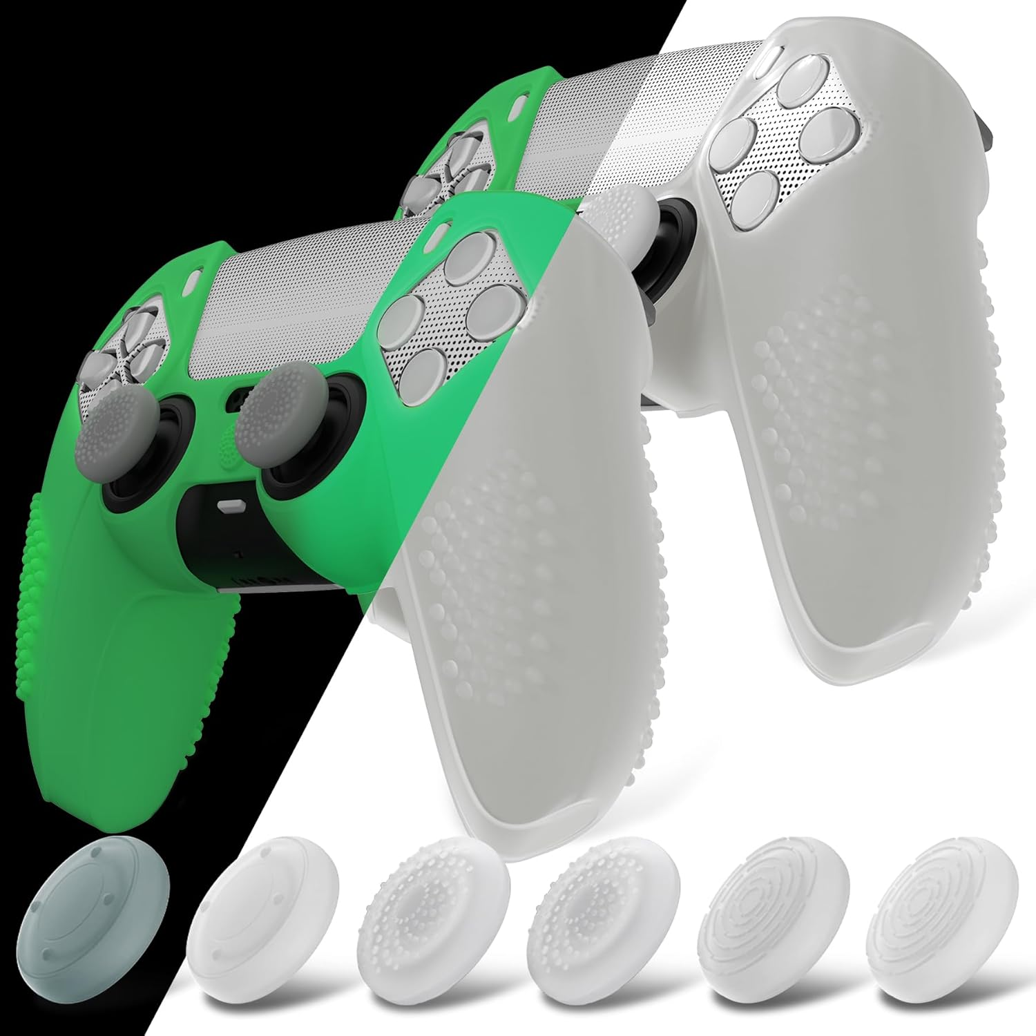 Playvital 2 Set Upgraded Silicone Cover Skin for Ps5 Controller with 12 Thumb Grips & 4 Stickers, Compatible with Charging Dock, 3D Studded Anti-Slip Shockproof Controller Grip, Glow in Dark - Green