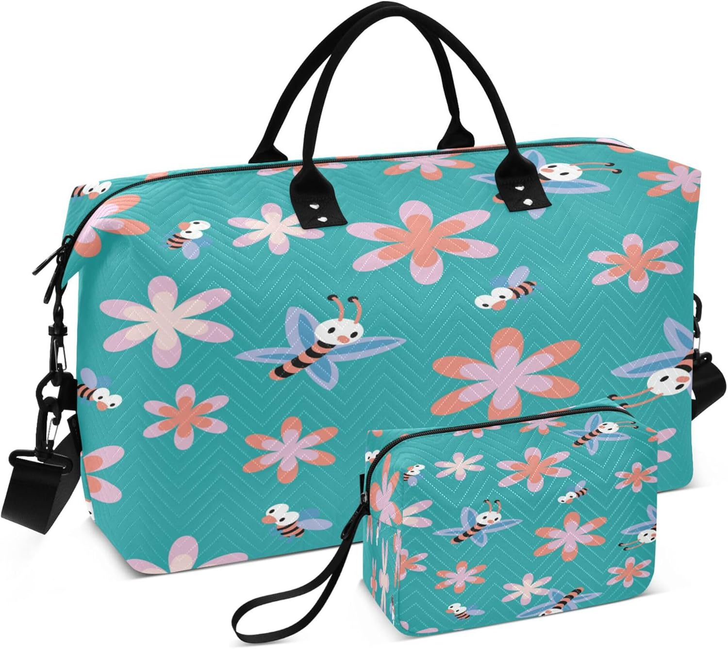 Duffel Bags Workout Bag Travel Weekender Gear Bag with Adjustable Strap for Trekking Multifunctional Bee Cartoon Turquoise Flower, Multi, One Size, Modern/Fitted, Multi, One Size, Modern/Fitted