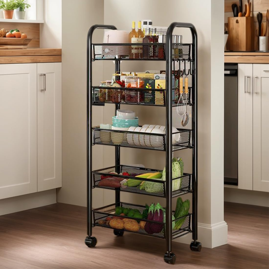 Heavy-Duty Rolling Kitchen Cart - 5-Tier Storage Shelves for Coffee Bar, Microwave & Small Space Organization (Black) image number 3