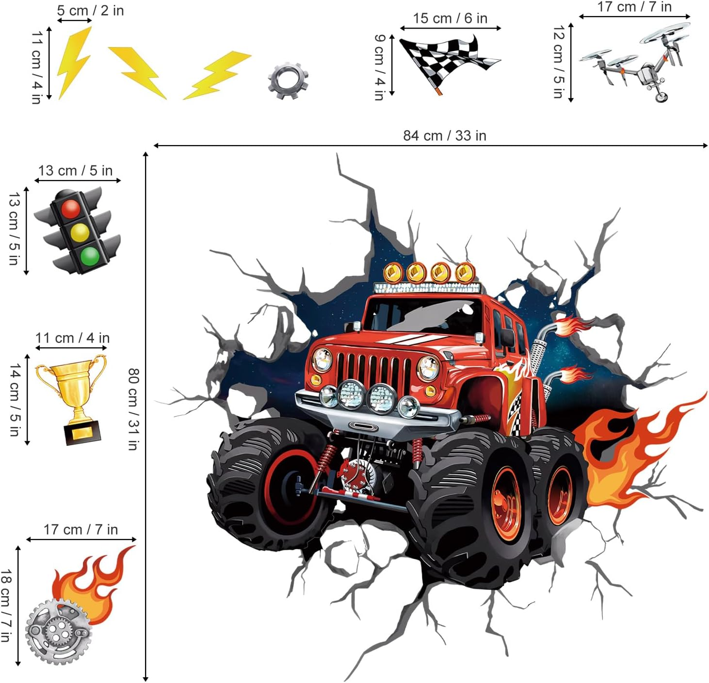 Wondever 3D Racing Car Wall Stickers Break through Running Car Truck Peel and Stick Wall Art Decals for Kids Bedroom Boys Room Playroom - B image number 3