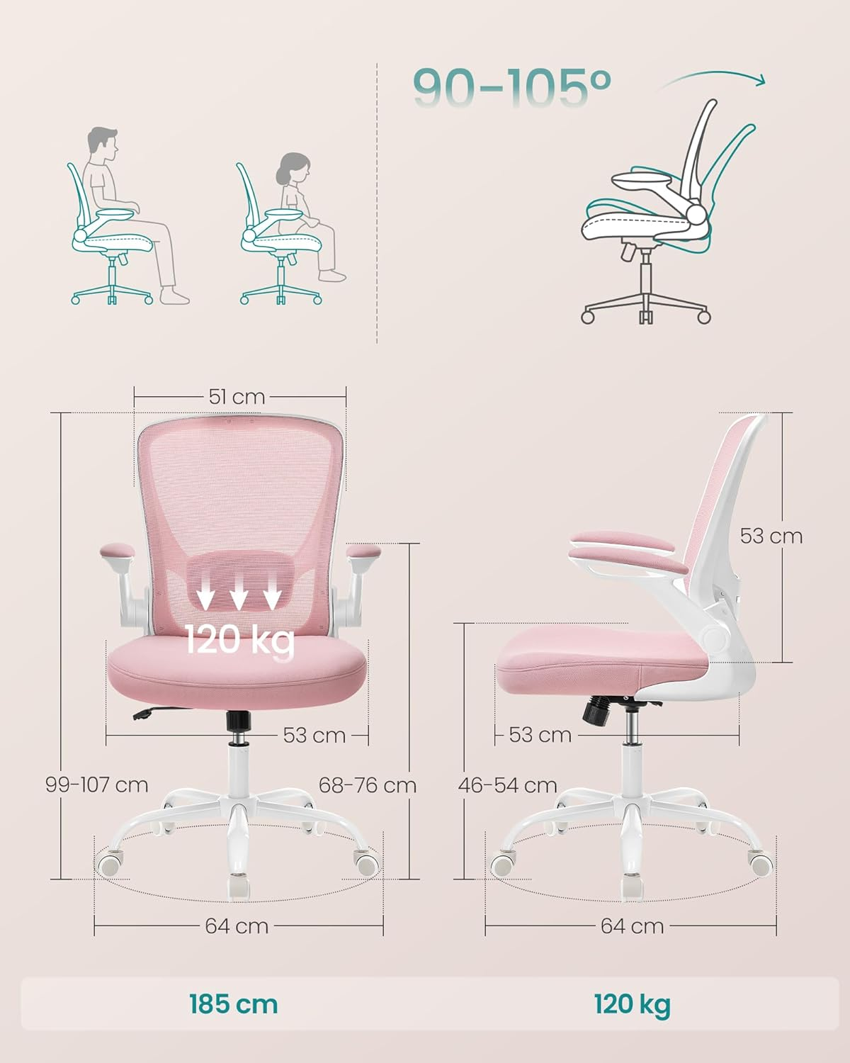 SONGMICS Ergonomic Fabric Office Chair, Padded Lumbar Support, Tilting Mechanism, Wide Seat 53Cm, Folding Armrests, Candy Pink, OBN037R01 image number 4