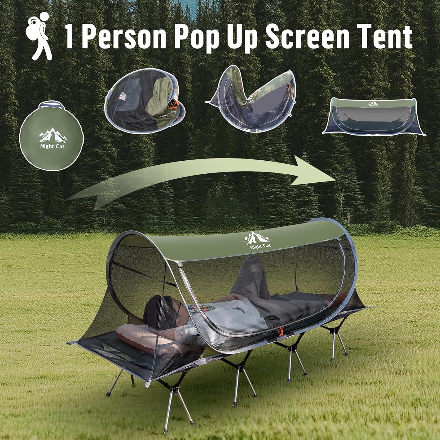 Night Cat Pop-Up Mosquito Tent: 1 Person Camping Tent with Bug Screen Net Easy Set-Up Tent Fits with Camping Cot (Exclueded) image number 6