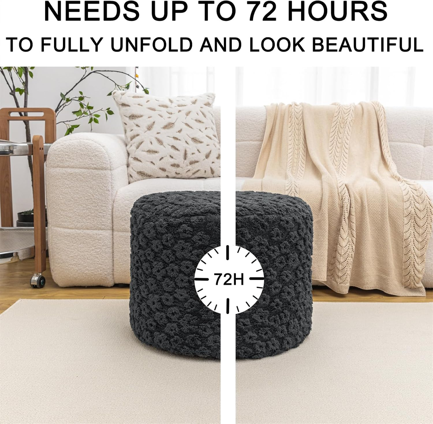 Stuffed Pouf Ottoman Comfy Floral Ottoman Foot Rest for Living Room Bedroom Kids Room Charm Floor Pouf for Home Decor Full Foam Filling Foot Rest for Couch (Dark Gray)