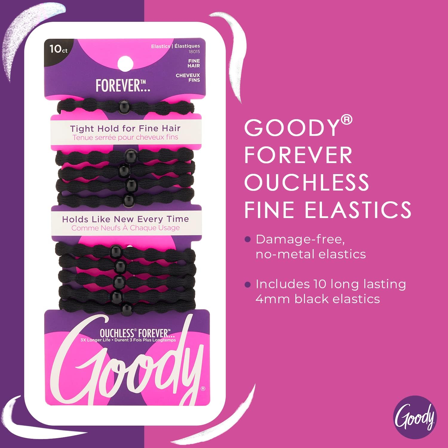 Goody Ouchless Forever Hair Elastics - 10 Ct, Black, Damage-Free Bands, 3X Stronger Hair Ties, Retainable Shape, 16 Strand Inner Core, Hair Accessories for Women & Men, for Fine Hair image number 5