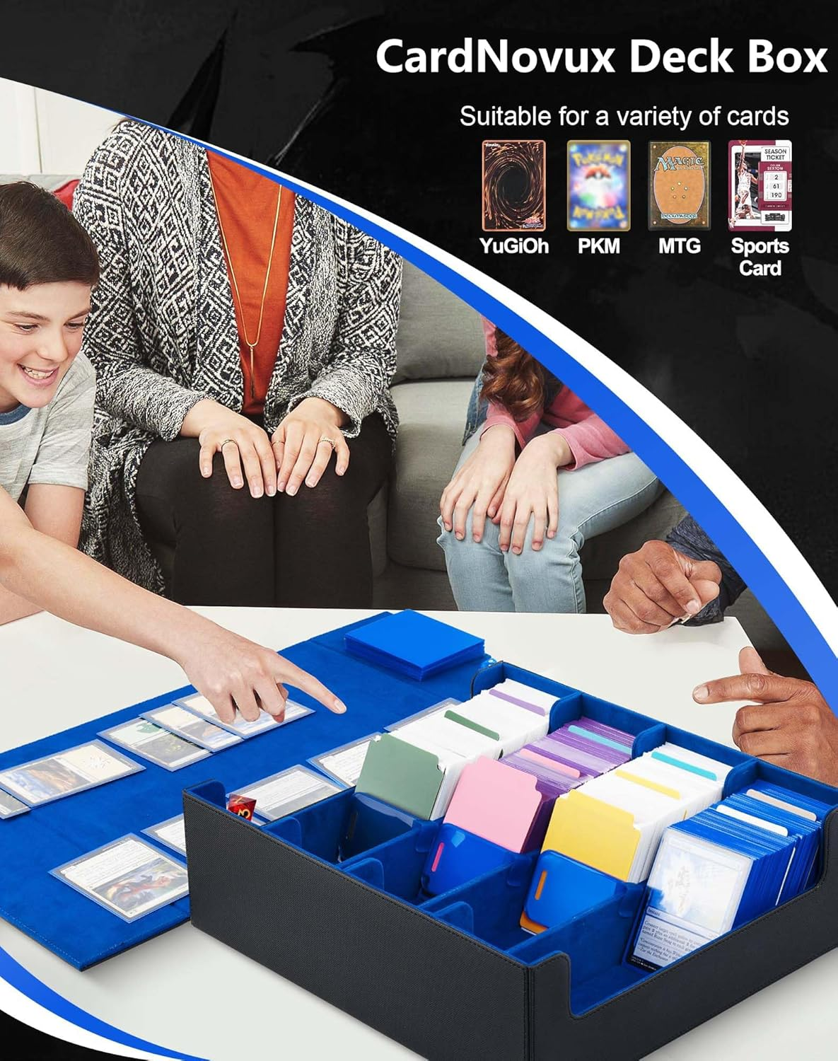 Cardnovux Trading Card Storage Box, Commander Card Deck Case Holds 2400+ Cards, MTG Deck Box with 4 Stoppers, Magic Card Organizer for TCG PTCG Cards (Black & Blue) - Black  Purple image number 3