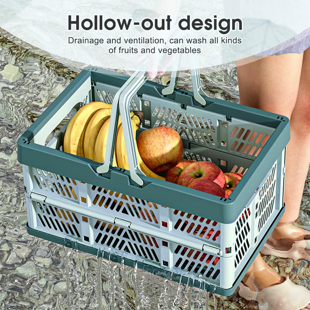 Portable Storage Crate, Plastic Storage Baskets for Organizing, 20L Collapsible Shopping Basket, Foldable Picnic Basket with Handles, Stackable Car Milk Dairy Container (Blue, Large)