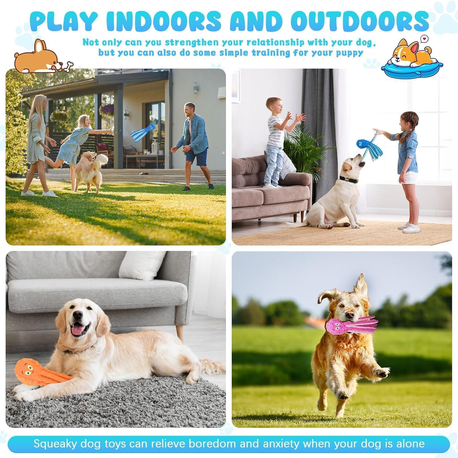 Dog Squeaky Toys, Octopus Interactive Play Toy，No Stuffing Plush Dog Chew Toy with Crinkle Paper for Medium and Large Dog Playing (New Blue) image number 5