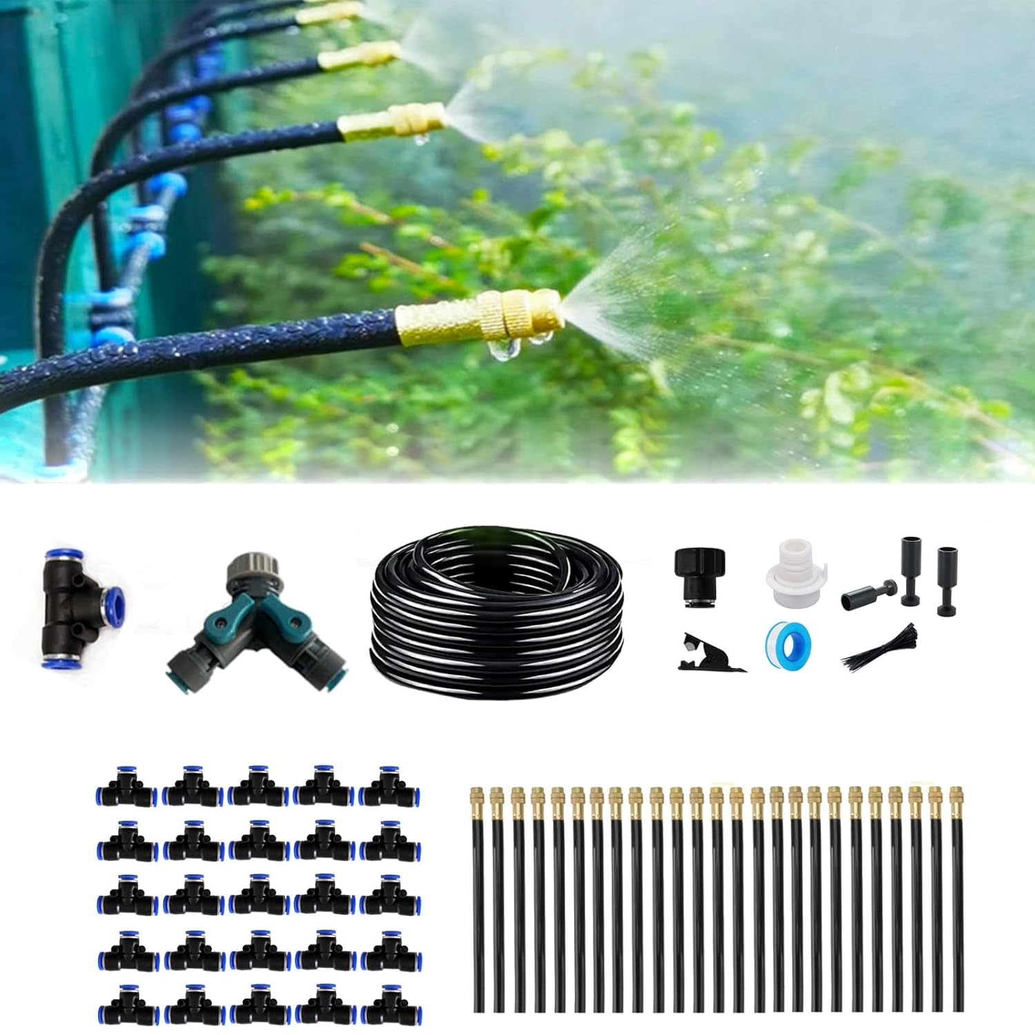 New Drip Irrigation Kit, Automatic Garden Watering System, Quick Connector and 360-Degree Bending Dropper Atomizing Copper Nozzle, Garden Plant Lawn Courtyard Watering System. (25 Spray Nozzles) image number 1