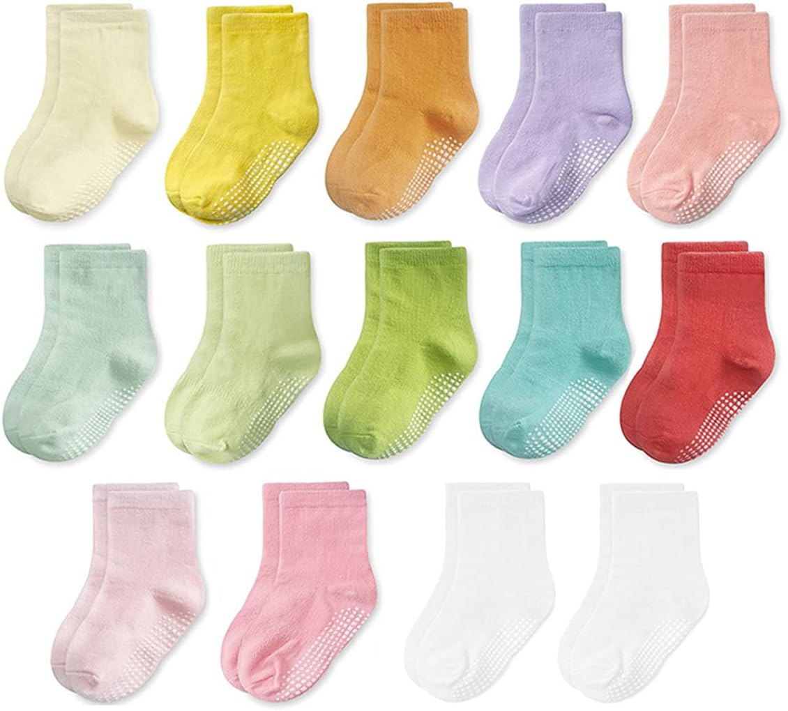 14 Pairs Baby Non Slip Toddler Socks, Soft Cotton Kid Crew Socks for 6-12 Months/1-3/3-5/ Years Old Boys Girls Kids Children Breathable Infant Ankle Socks with Grips for Baby Boy Girl