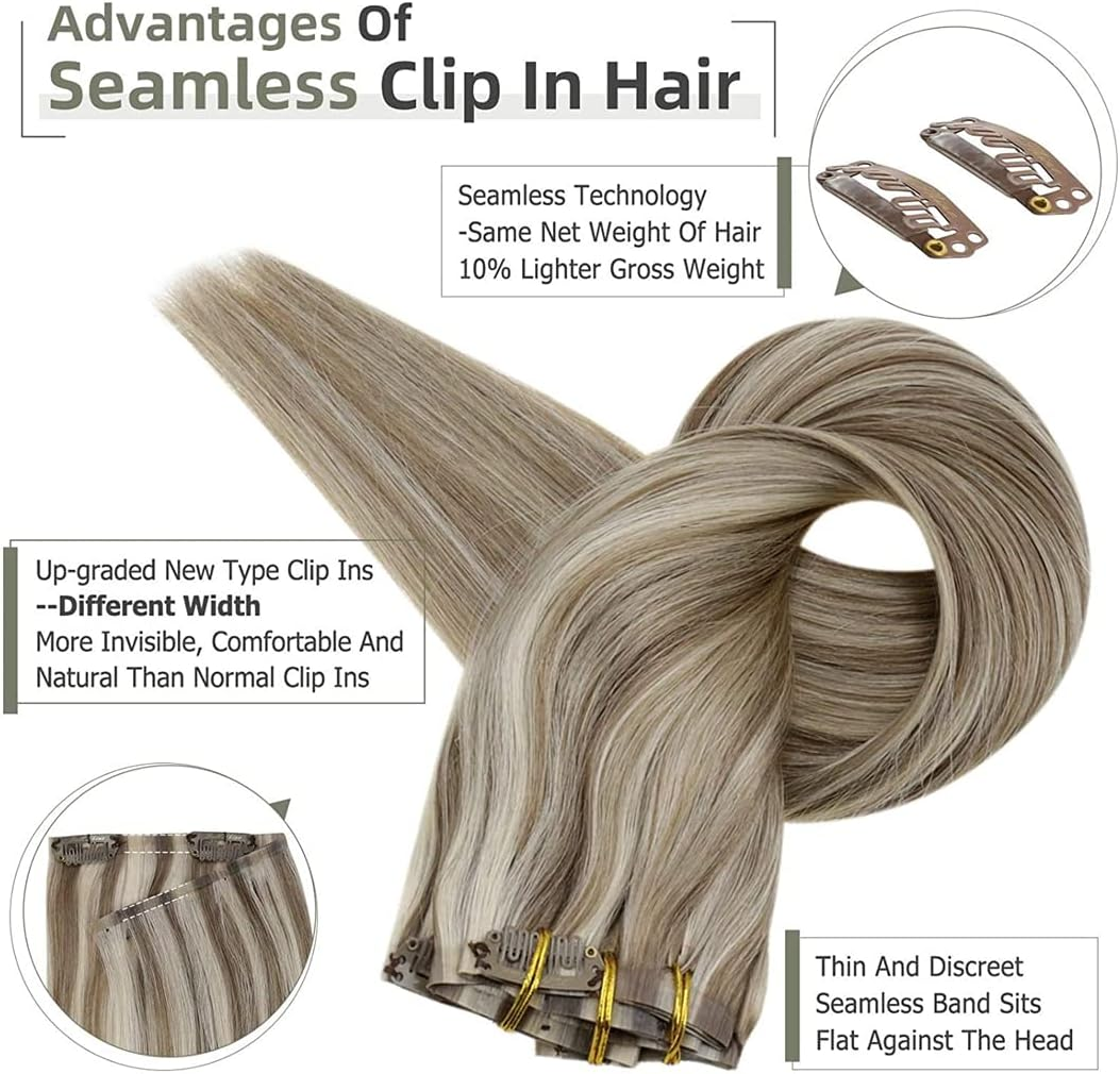 Pu Clip Hair Extensions Remy Human Hair 100G Seamless Invisible Clip in Extensions Human Hair Color Blonde Greyp60 16Inches 100G/Set image number 2