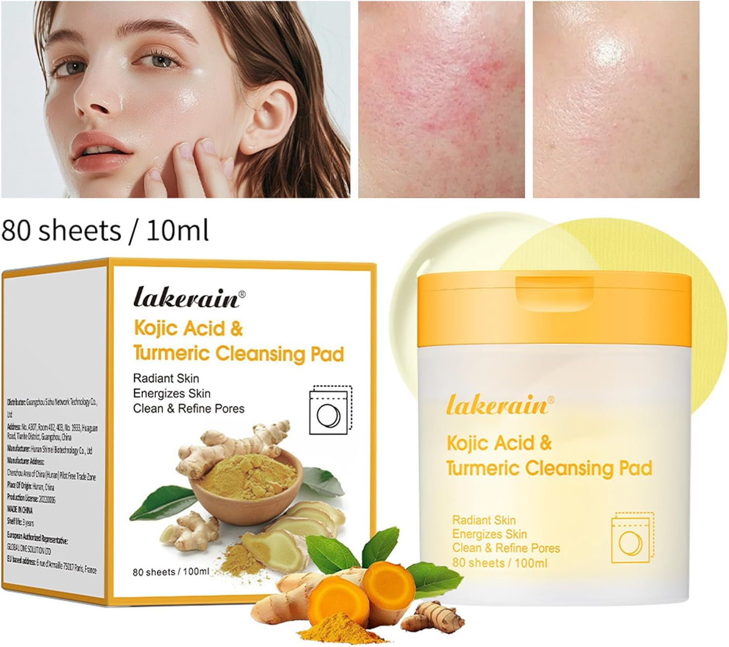 80Pcs Face Exfoliator Pad - Kojic Acid Cleansing Pads - Exfoliating- Kojic Acid and Turmeric Exfoliating Pads- Clean Toner Face Wipes - Brightens, Energizes Skin