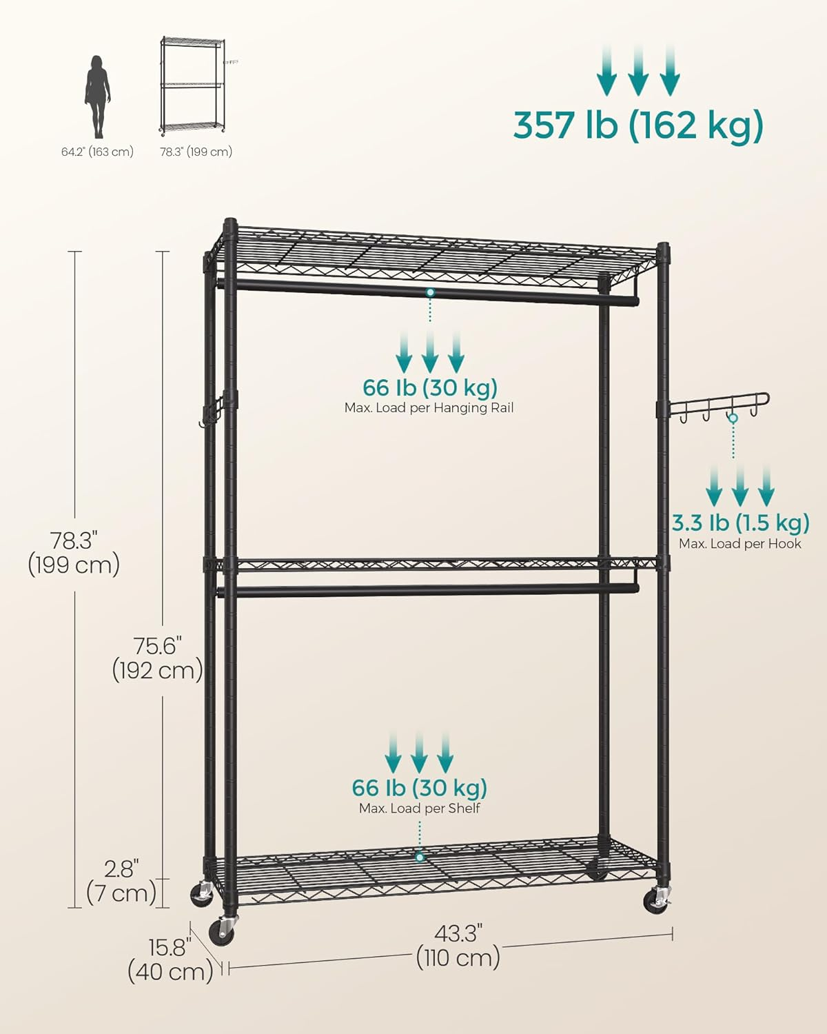 SONGMICS Garment Rack, Heavy-Duty Rolling Clothes Rack, Portable Closet Rack, 43.3-Inch Wide Clothing Rack on Wheels, with Adjustable Mesh Shelves and Hanging Rails, Hooks, Ink Black ULGR414B01 image number 5