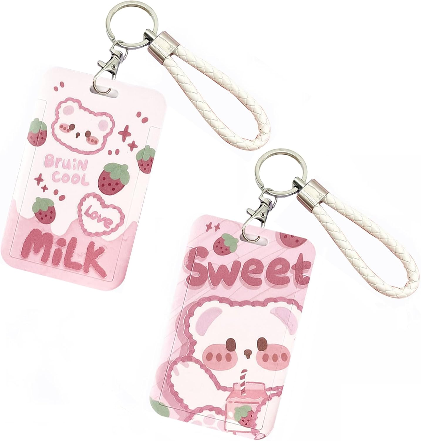 2 Pcs Kpop Photocard Holder Keychain Cute Bear Strawberry Kpop ID Badge Holder with Keychain Badge Reel Stationery for Back to School Student Bus Card Pendant Keychain (Pink), DTR42