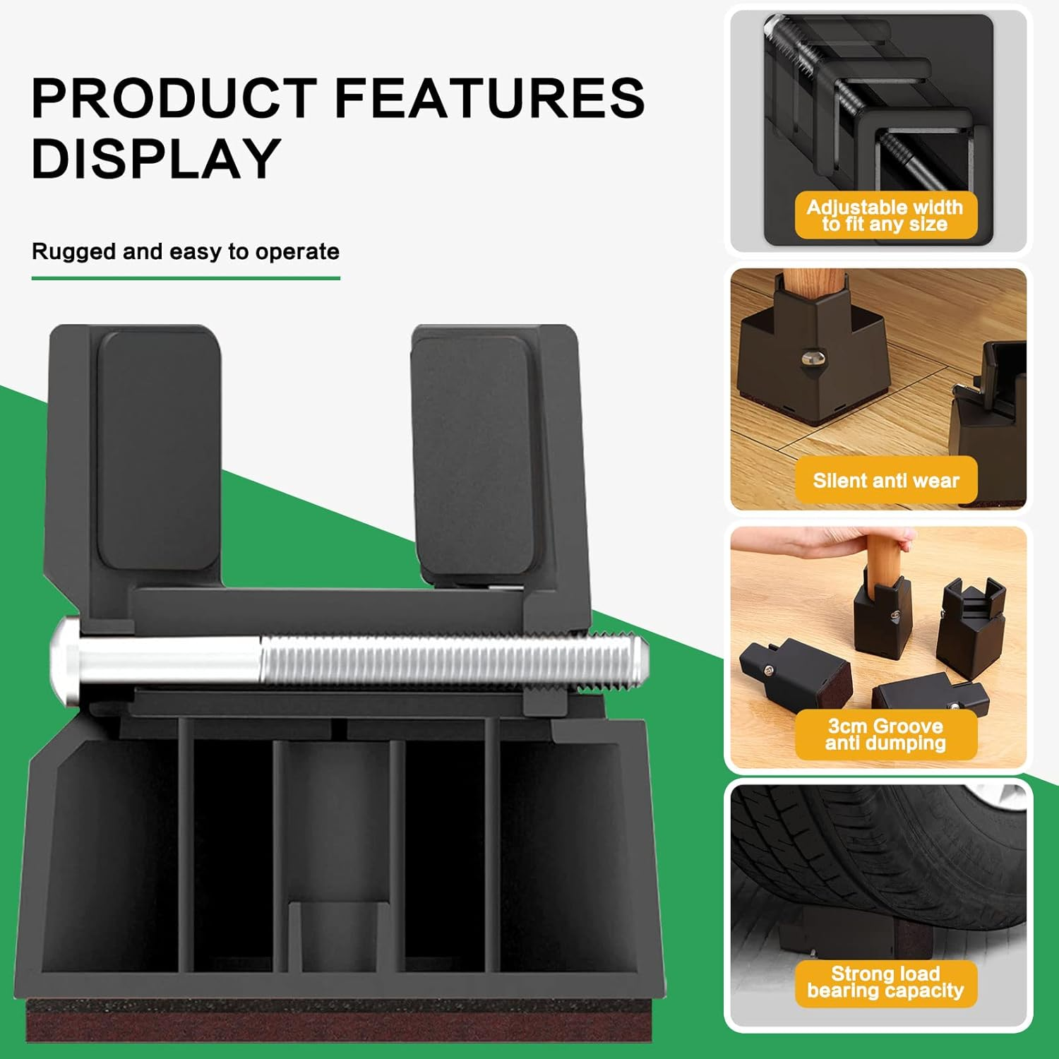 4Pcs Adjustable Furniture Risers with Screw Clamp, Sturdy Desk Risers for Desk Legs, Bed Lifts Risers Heavy Duty, Table Risers for Chair Frame Width from 0.8-1.6In, Supports 4409Lbs (3In)