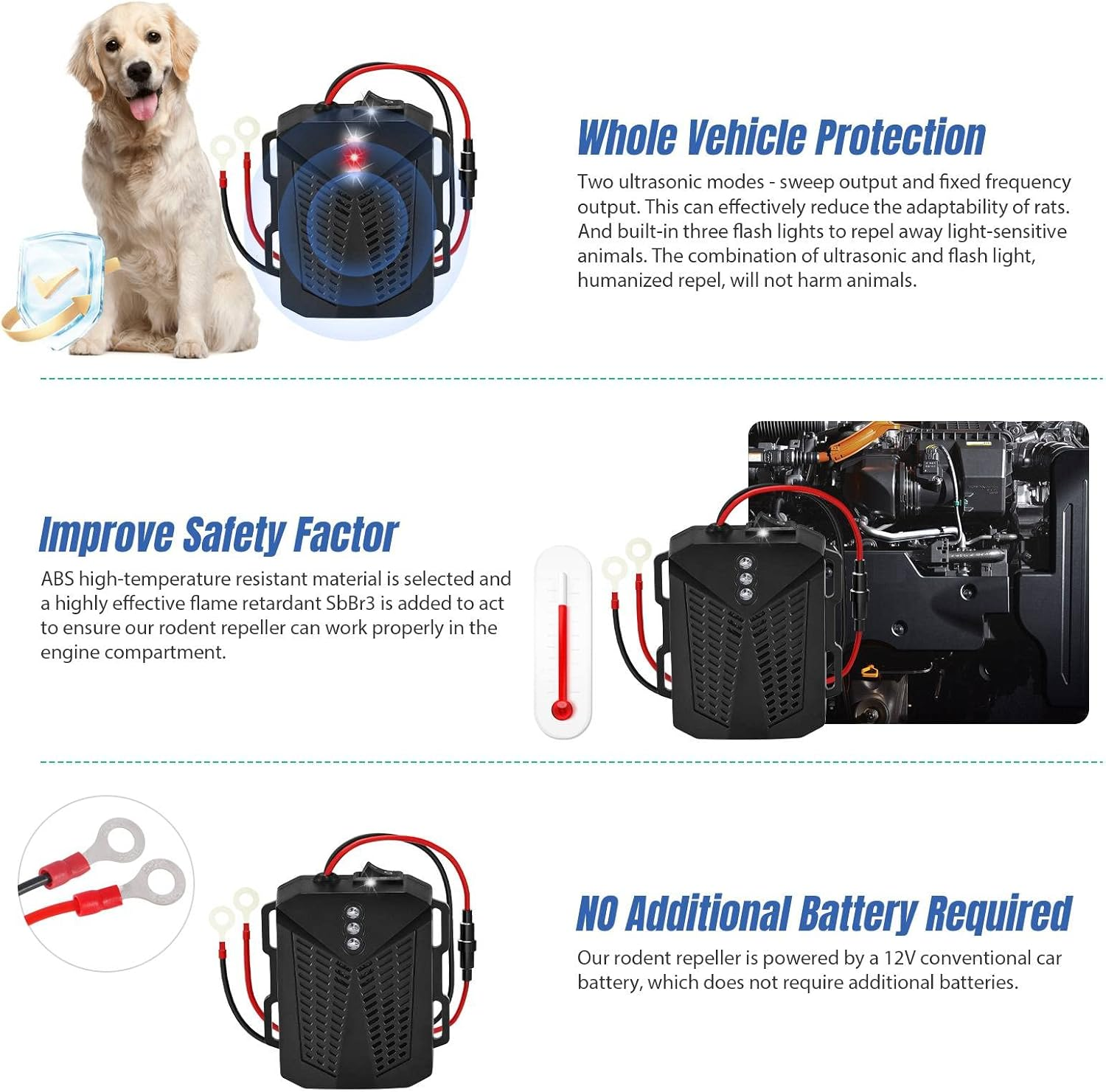 2 Pack Rat Repellent for Car Engines with Two Ultrasonic Modes & Evictor Flashing Lights to Keep Mouse Squirrel Rat Out, Humanized Ultrasonic Pest Repeller under Hood Rat Repeller for 12V Car image number 5