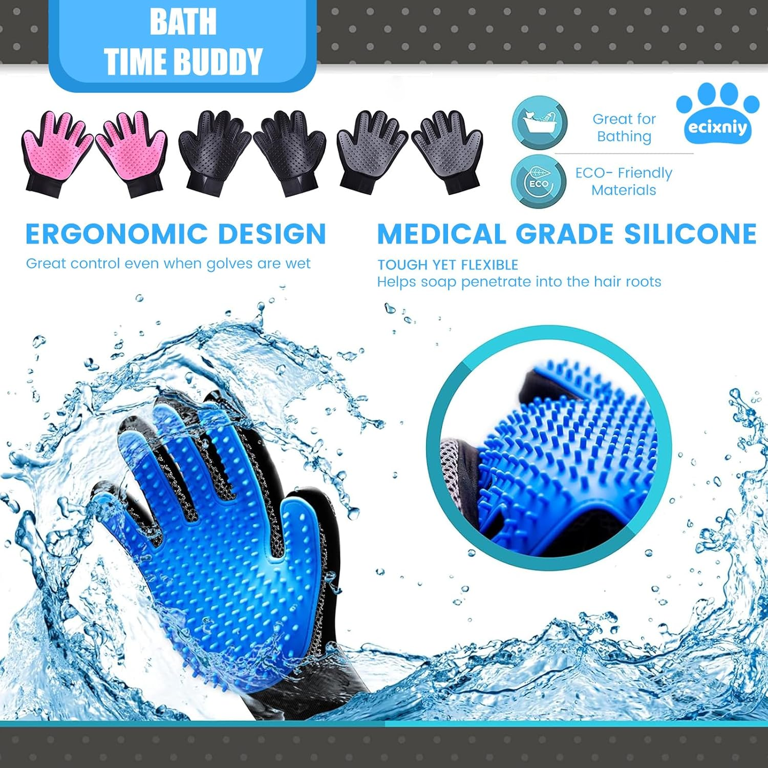 【Ecixniy】Pet Grooming Gloves,One Pair Gentle BPA Free Dog Washing Glove,Pet Hair Remover,Cat Brush Fur Removal Groomer for All Pet Hair Removal Needs-For a Clean Home & Happy Fur Babies.（1Pair Blue） image number 5