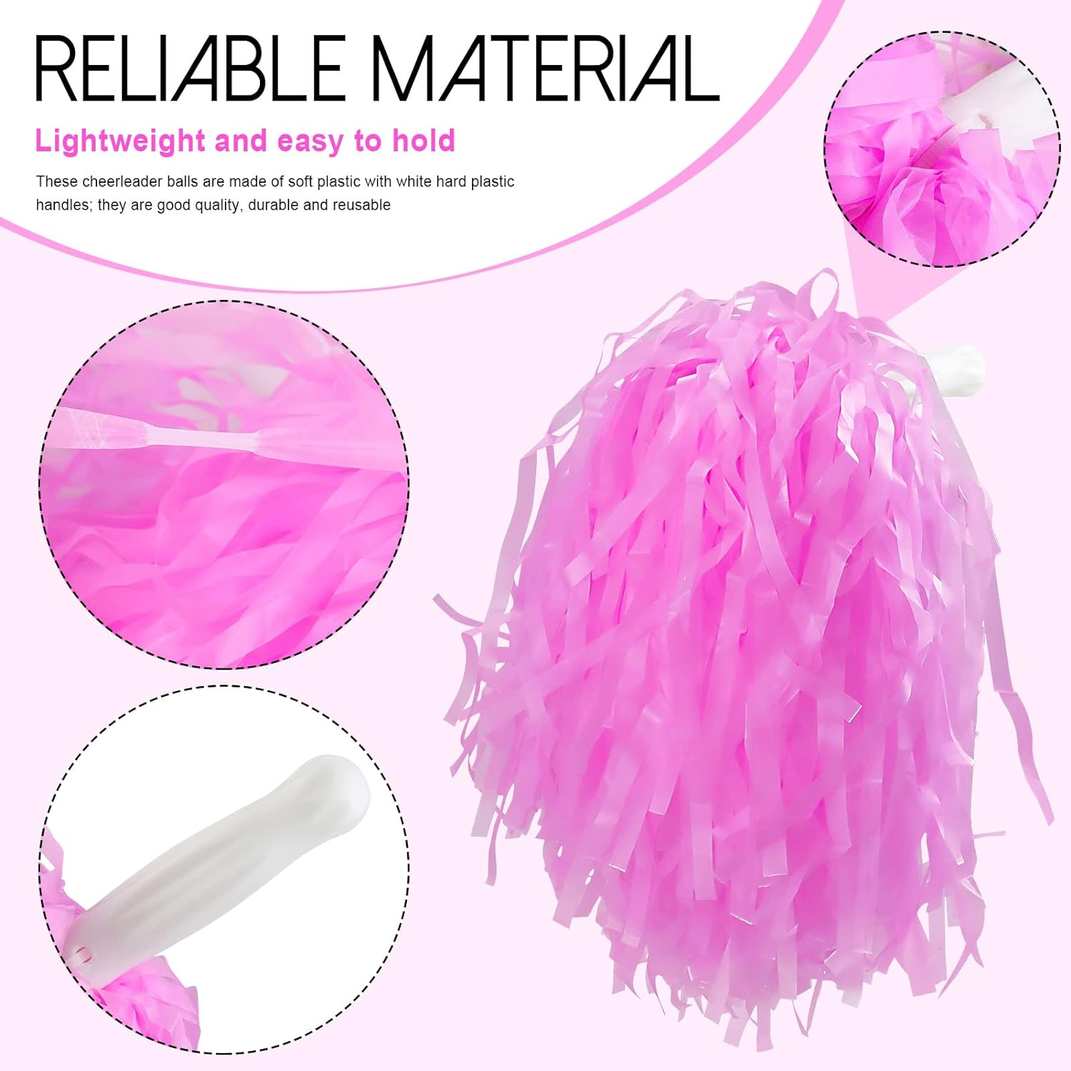 12 Pack Pink Plastic Cheerleading Pom Poms, Sports Dance Cheer Plastic Pom Pom for Rooters,Cheering Squard,Cheering Team(30 Grams Weight Each) image number 2