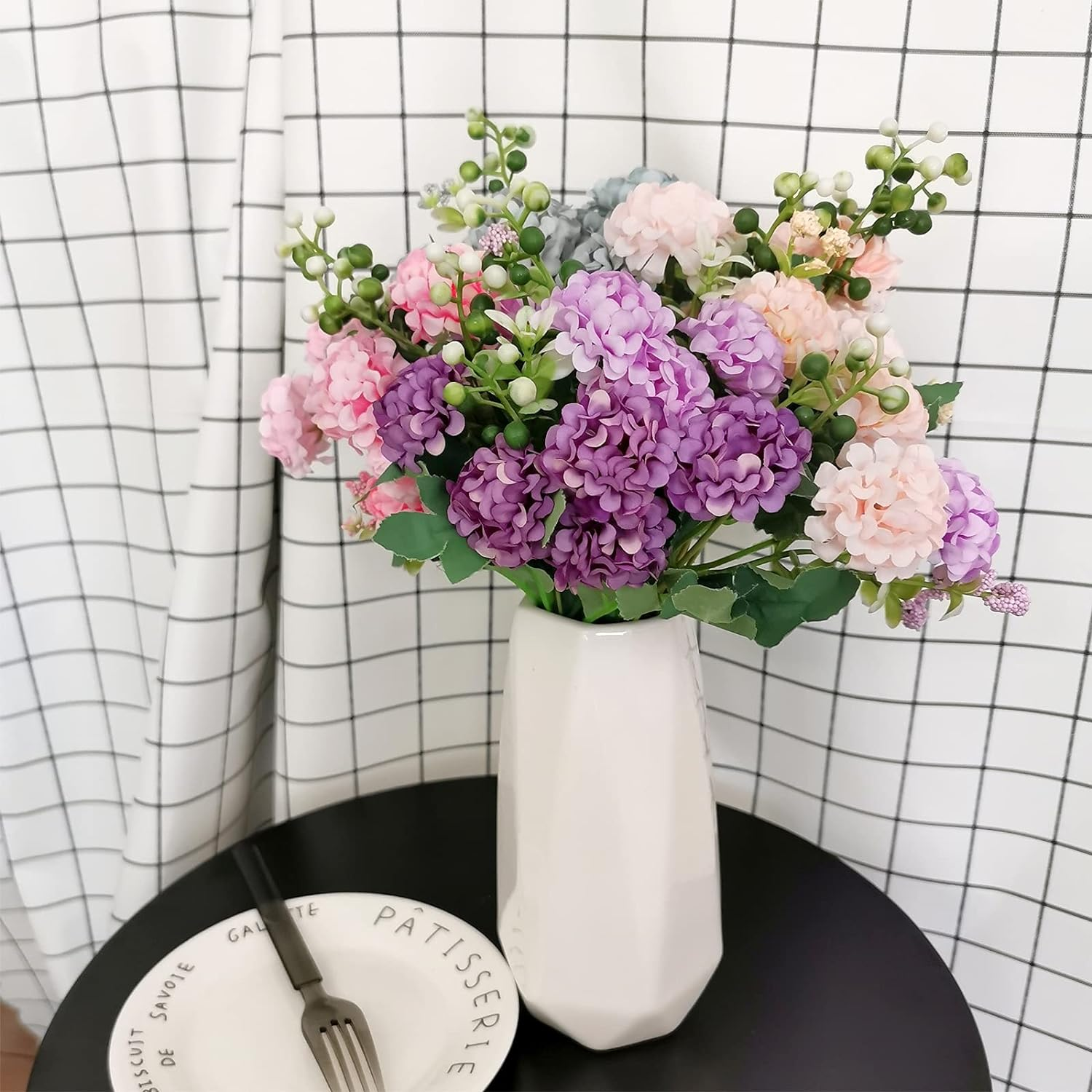 SNAILGARDEN 40Heads Artificial Hydrangea Flowers, 4Pack Fake Silk Mini Hydrangea with 1 Vase Kraft Paper Bag-Mini Artificial Chrysanthemum Ball Perfect for Home Office Wedding Baby Shower Party Decor image number 4