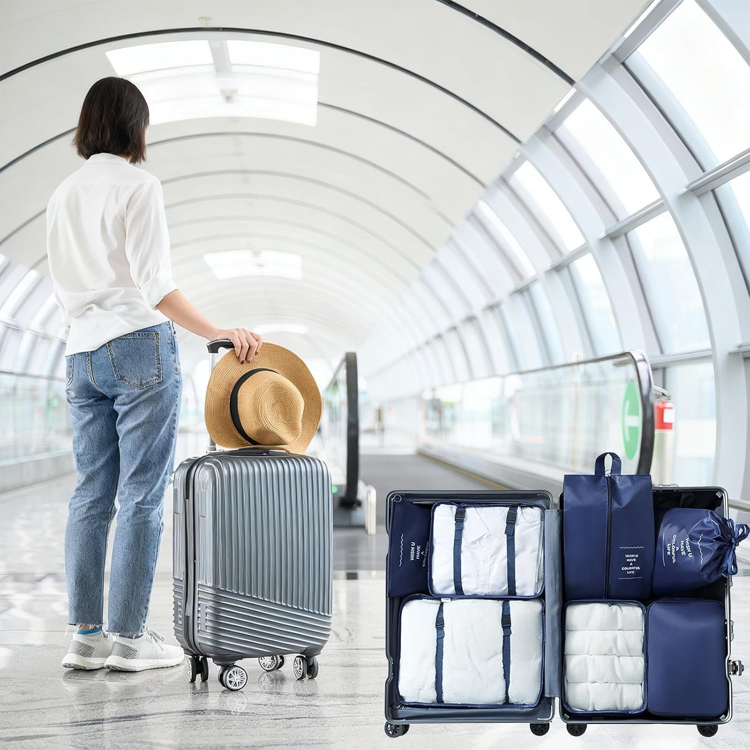 Smlper 8-Set Packing Cubes, Packing Organizer with Various Sizes, Lightweight Luggage Organizer for Carry-On, Suitcase & Travel Accessories (Dark Blue) - Beige image number 3