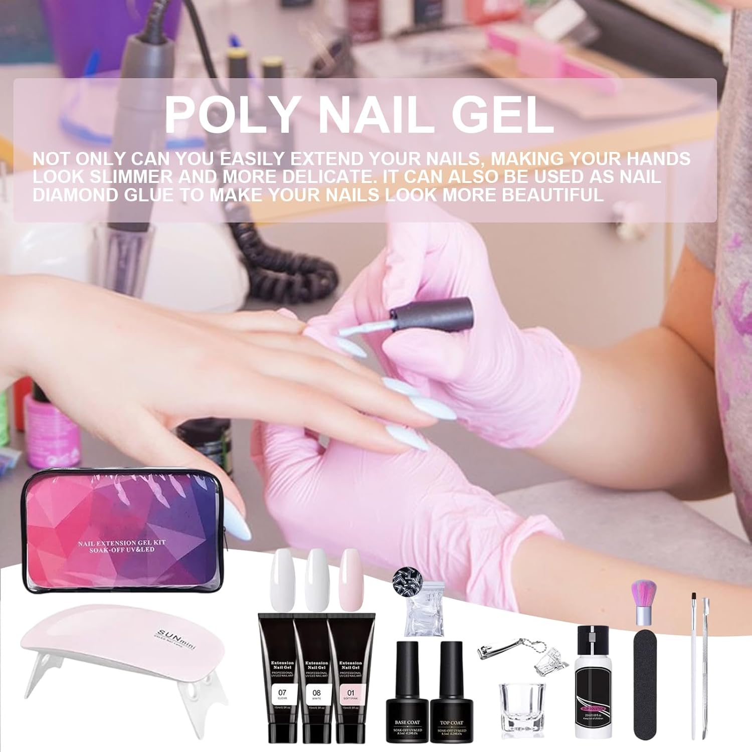 Poly Extension Gel Nail Kit,3 Colors Extension Nail Gel with Slip Solution and Lamp - Manicure Set for Home and Salon, Includes File and Clip image number 4
