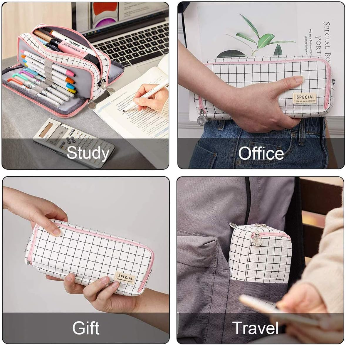 Sebeli Pencil Case Big Capacity 3 Compartments Pouch Stationery Art Pen Bag for Girls Teens Students School & Office Supplies - Plaid White - Cactus image number 7