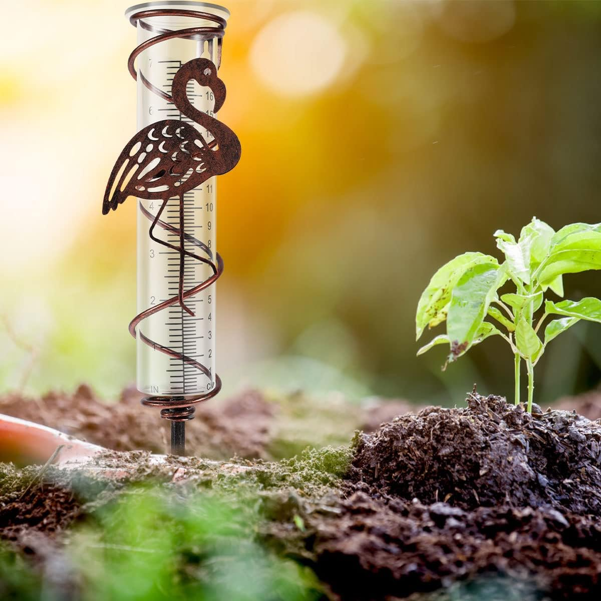 Rain Gauge for Garden - 7Inch Capacity Metal Spiral Rain Gauge with Bird Ornament Outdoor Water Gauge Rain Falling Measuring Instrument for Patio Lawn Backyard Decoration (Flamingo) image number 6