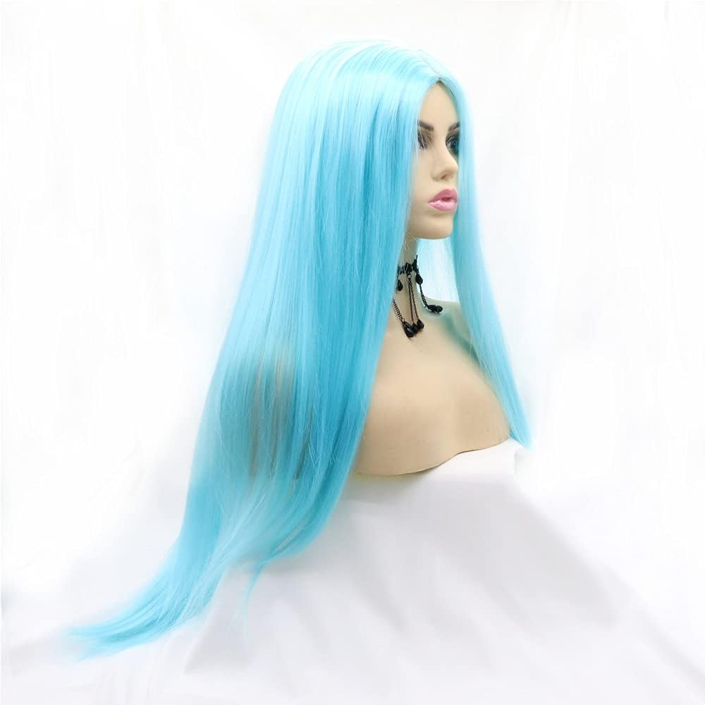 Xiweiya Wigs Long Straight Aqua Blue Synthetic Machine Made Wig Silky Full Heat Resistant Fiber Hair Middle Part Wig Free Wig Cap for Women 24 Inch for Family Makeup Party Cosplay image number 2