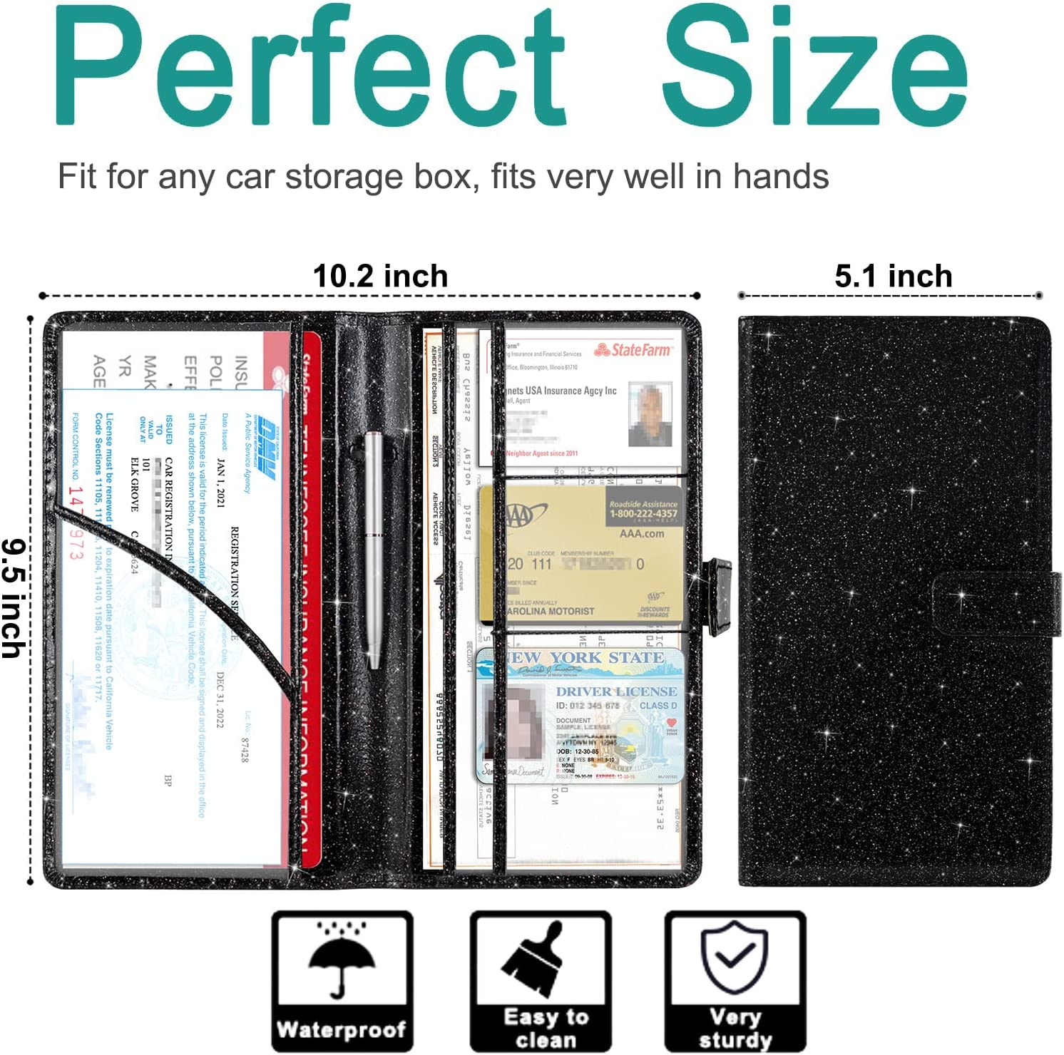 Rsaquar Car Registration & Insurance Holder, Glove Box Organizer for ID, Driver'S License Cards & Essential Documents, Men & Women, AAA Glitter Black, Large, Bling - Aaa Glitter Black image number 4