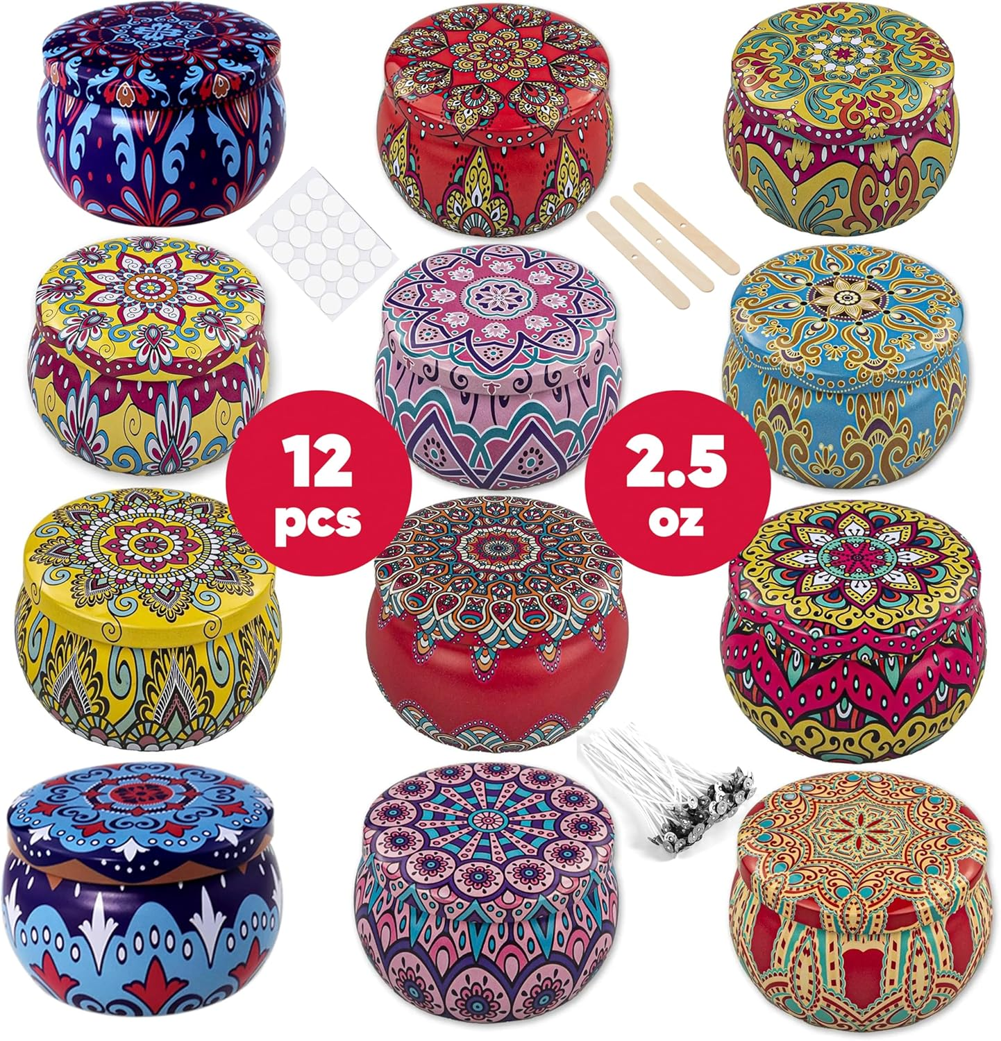 Candle Tin Patterns Empty Candle Tins Jars for Making with Wicks, Wick Holders& Stickers + Beautiful Gift Wrap Box (2.5 Oz 12 Multicolor)
