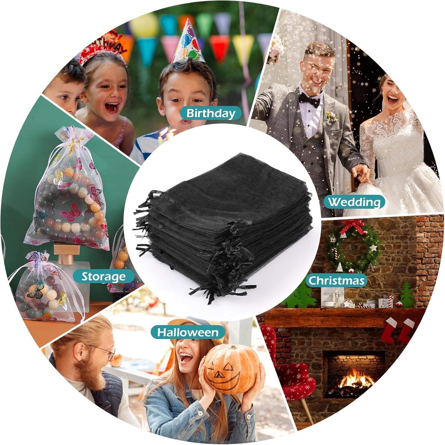 Bigqin 60Pcs Sheer Organza Bags Black 10 Cm X 15 Cm Wedding Favor Bags, Drawstring Pouches Gift Bags for Wedding, Party and Package image number 1